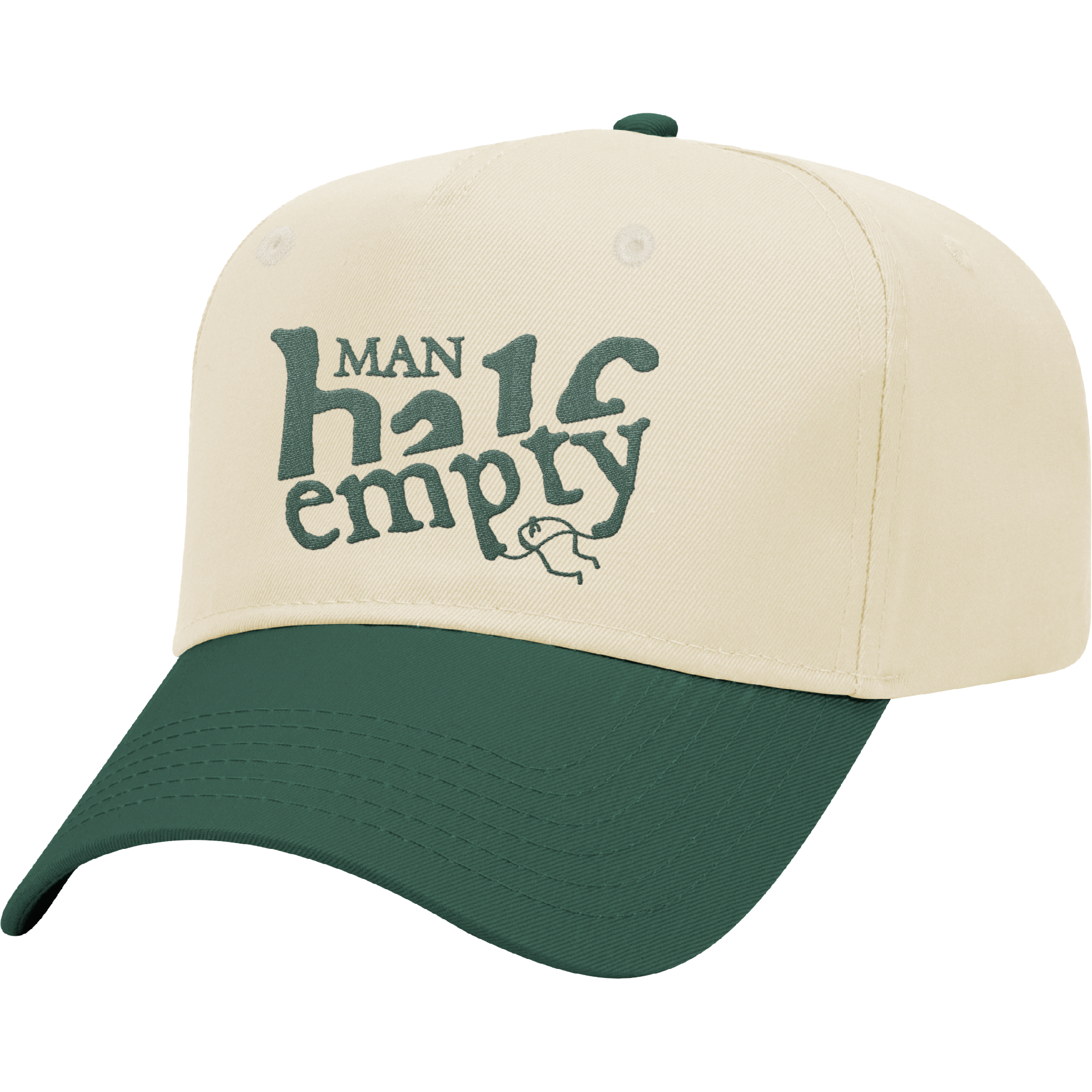 A two-tone baseball cap with a beige crown and green brim, featuring "Man Half Empty" embroidered on the front.