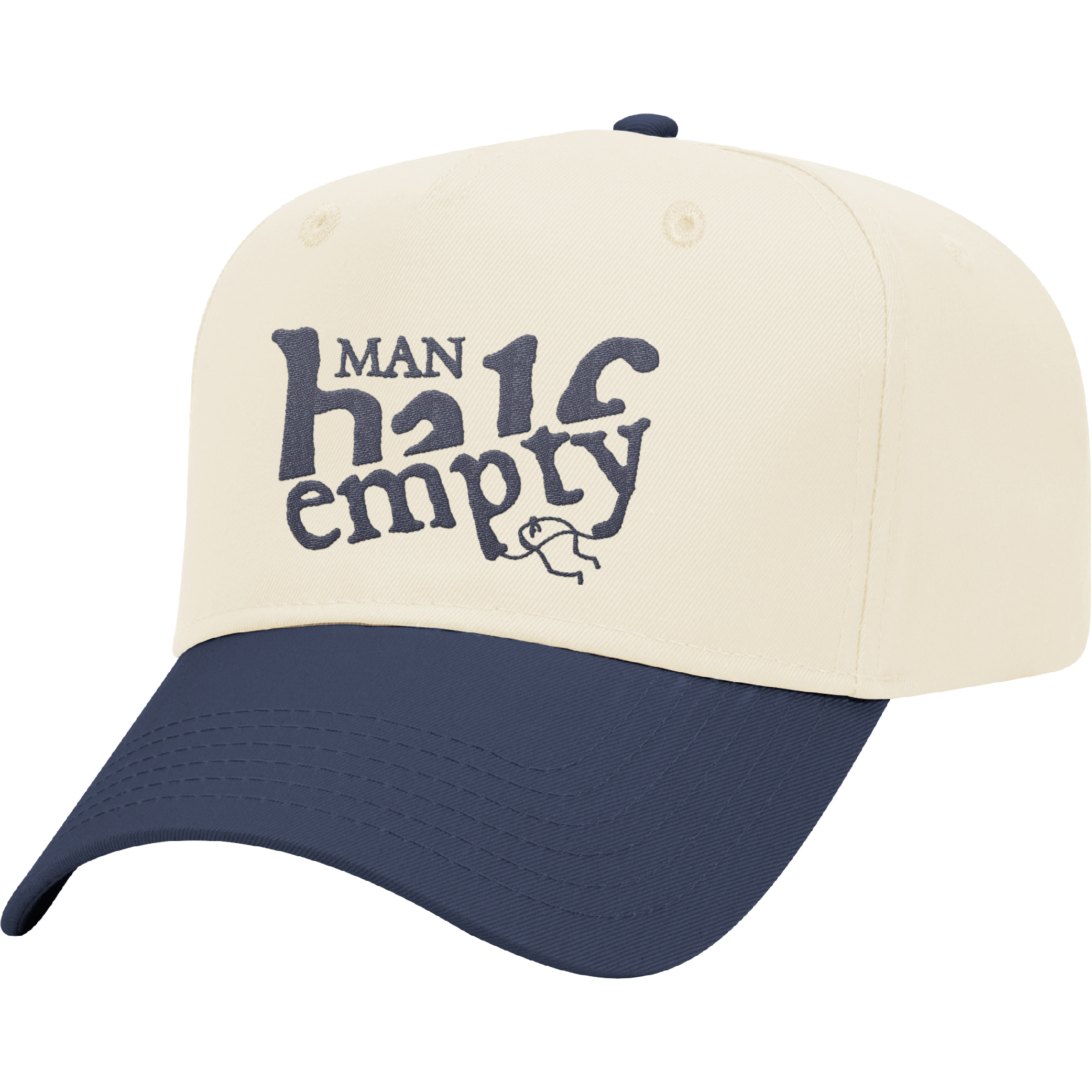 A two-tone baseball cap with a cream crown and navy brim, featuring embroidered text "Man Half Empty" and a fishing hook graphic.