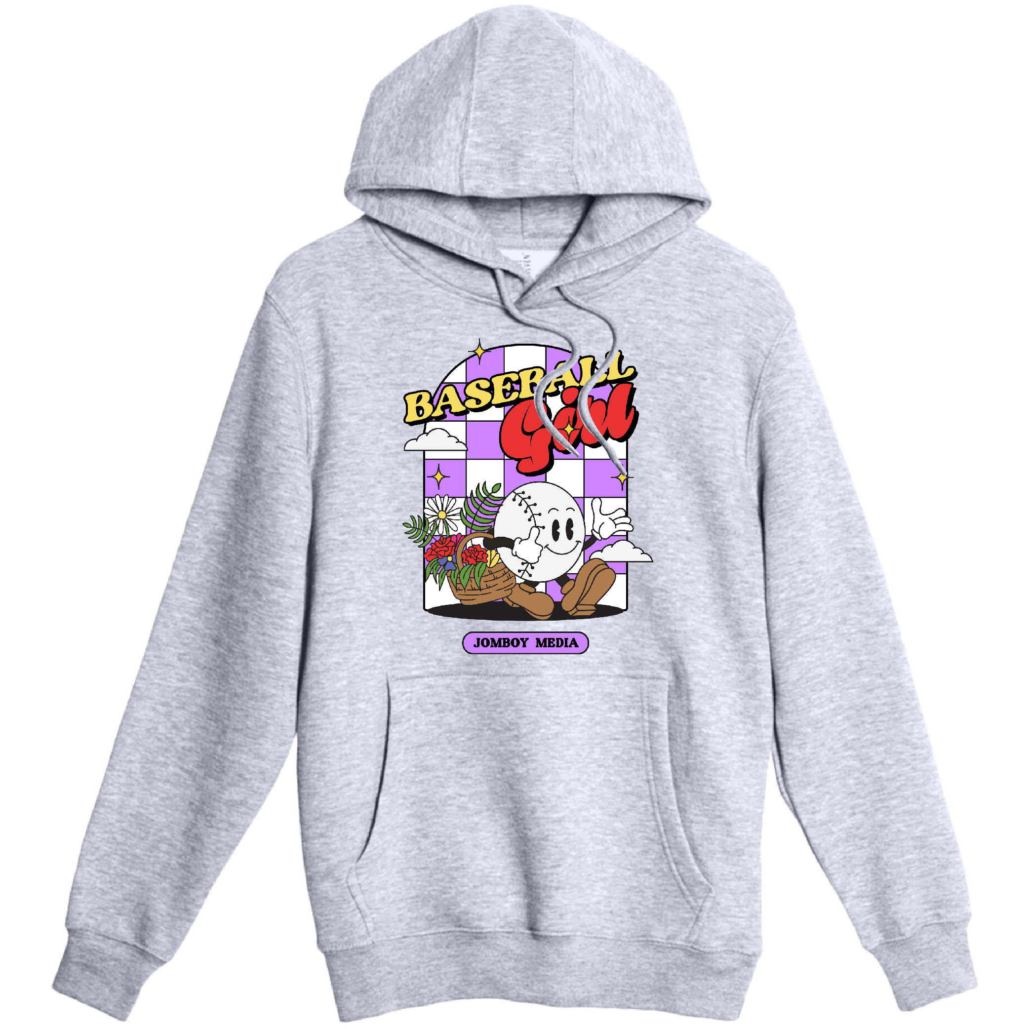 Gray pullover fleece hoodie featuring a colorful cartoon baseball girl with flowers, clouds, and bold text "BASEBALL GIRL" and "JOMBOY MEDIA.