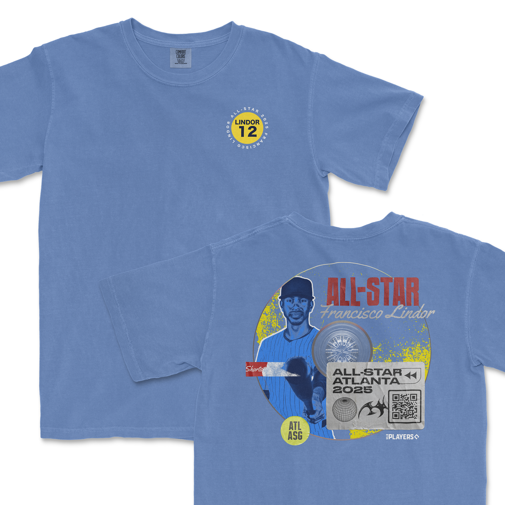 Blue t-shirt featuring Francisco Lindor's All-Star 2025 graphic, showcasing his name and event details on the back.