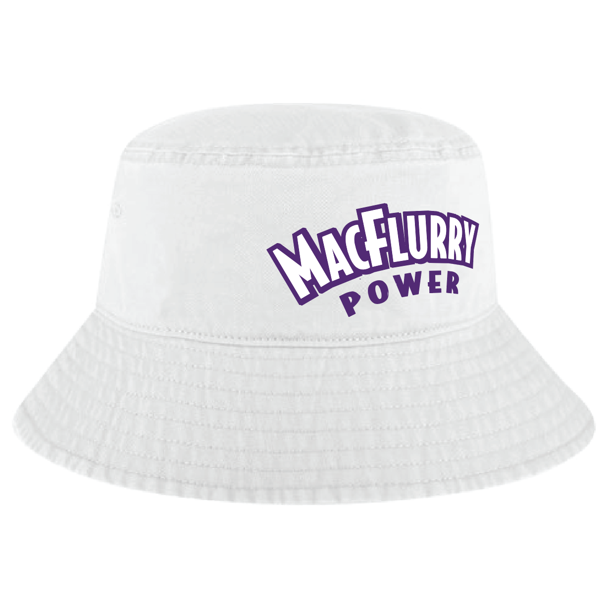 White bucket hat with "MacFlurry Power" logo in purple, featuring bold, playful text on the front.