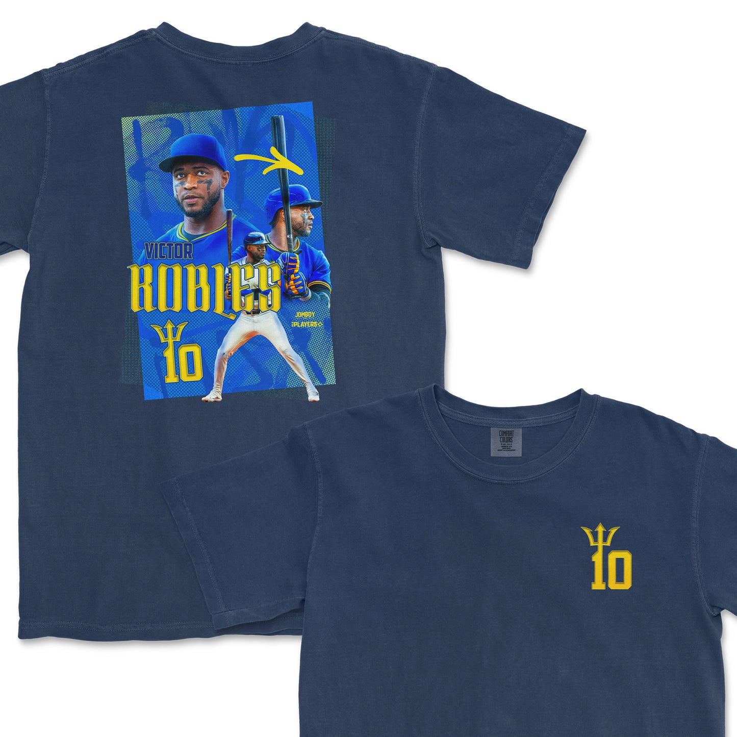 Blue T-shirt featuring Victor Robles with his name, number 10, and images of him in baseball action.