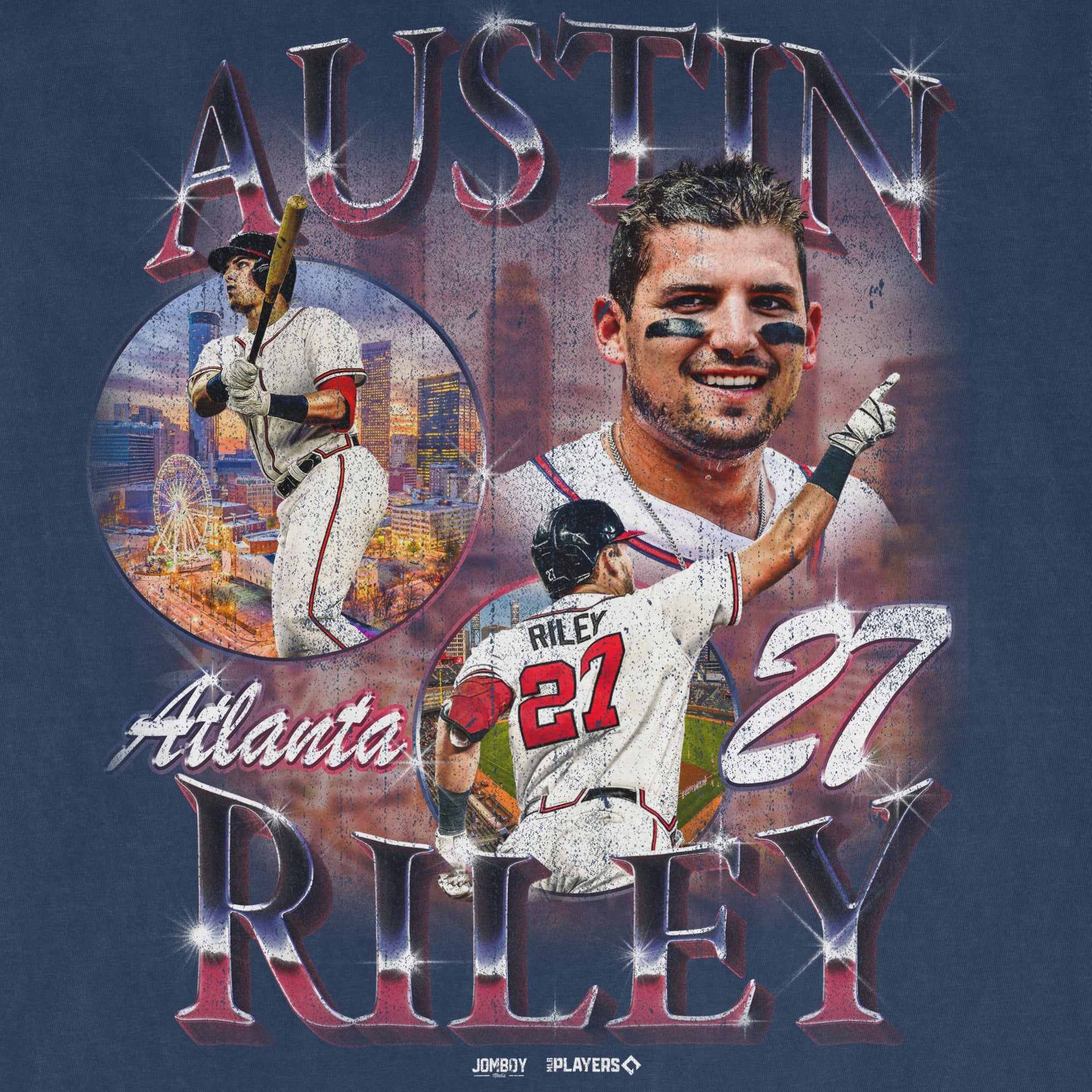 Austin Riley in a Comfort Colors tee featuring images of him playing baseball, with Atlanta skyline and cityscape in the background.
