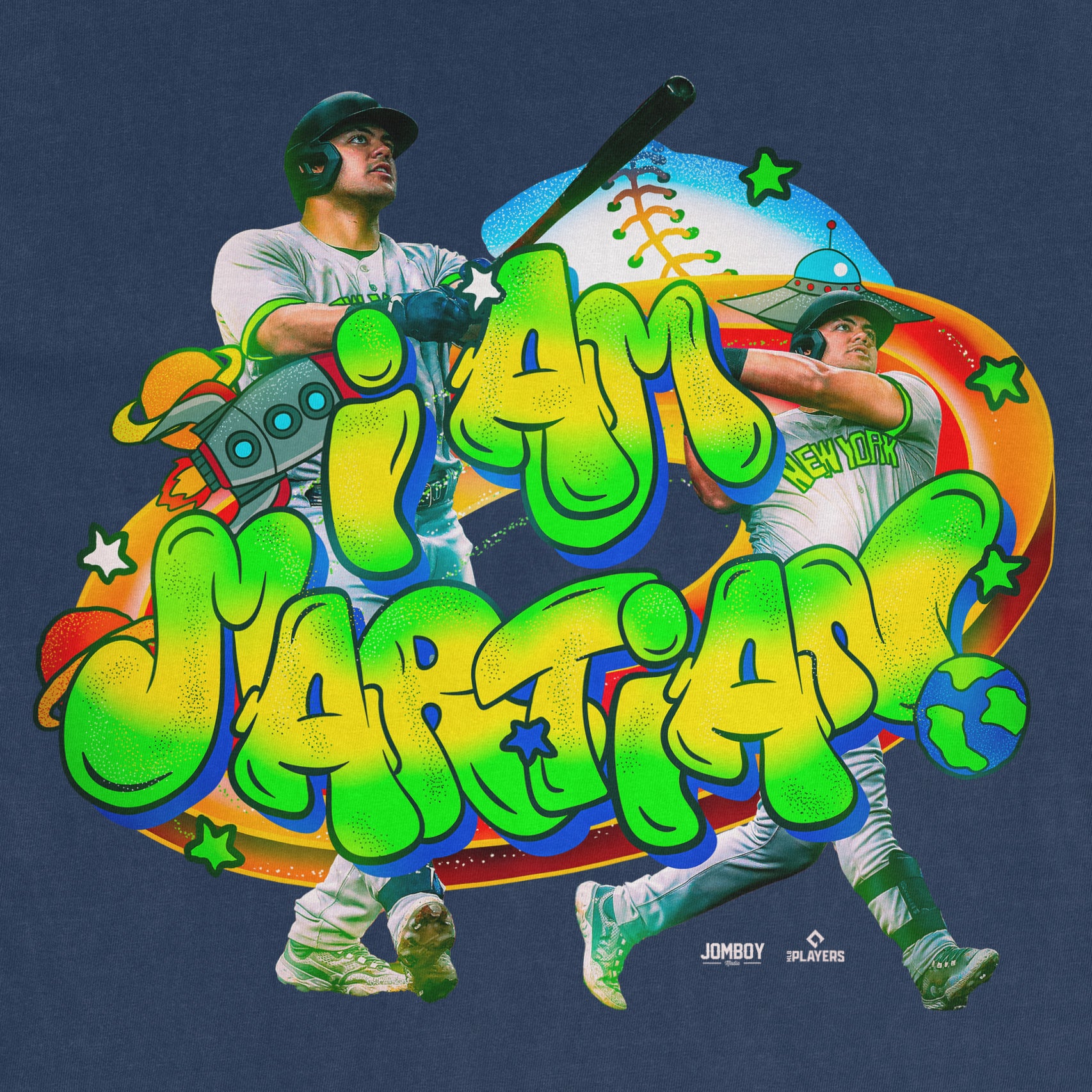 Colorful graphic design featuring two baseball players with space-themed elements, bold graffiti-style text, and vibrant colors.