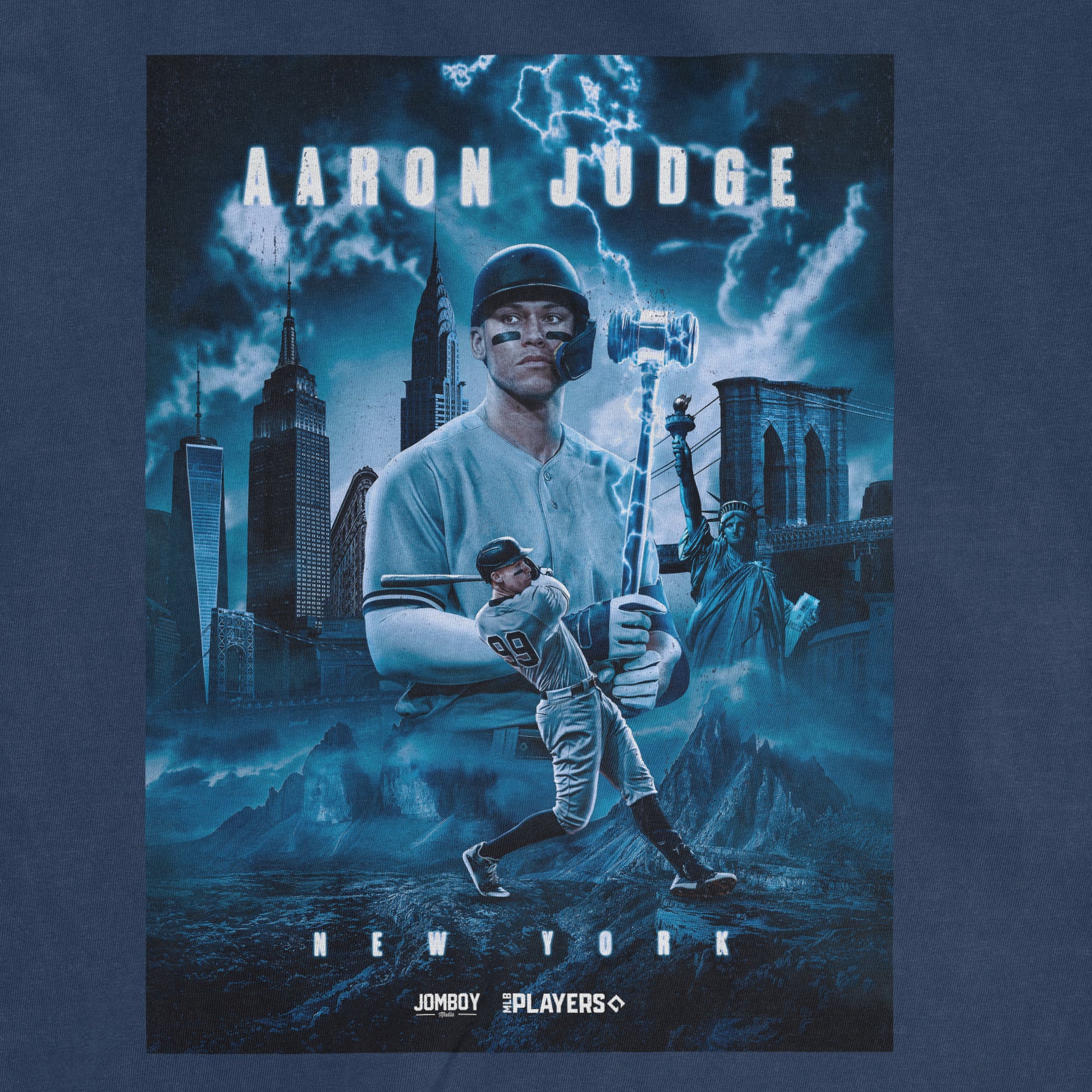 Graphic design of Aaron Judge as a baseball player, with NYC landmarks, lightning, and text "Aaron Judge, King of NYC" on Comfort Colors T-shirt.