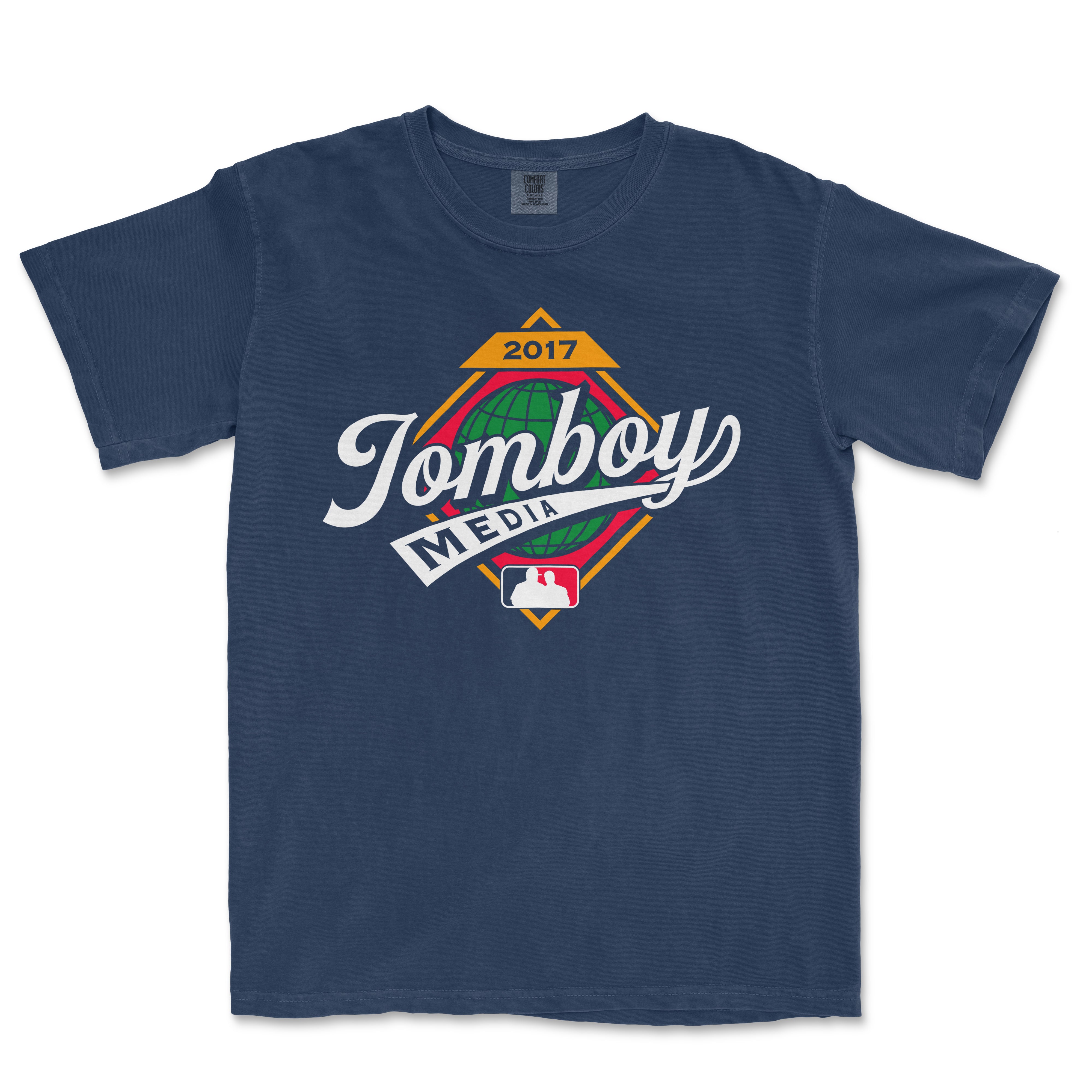Blue Comfort Colors T-shirt featuring a 2017 Jamboy Media logo with a globe, geometric design, and MLB emblem.