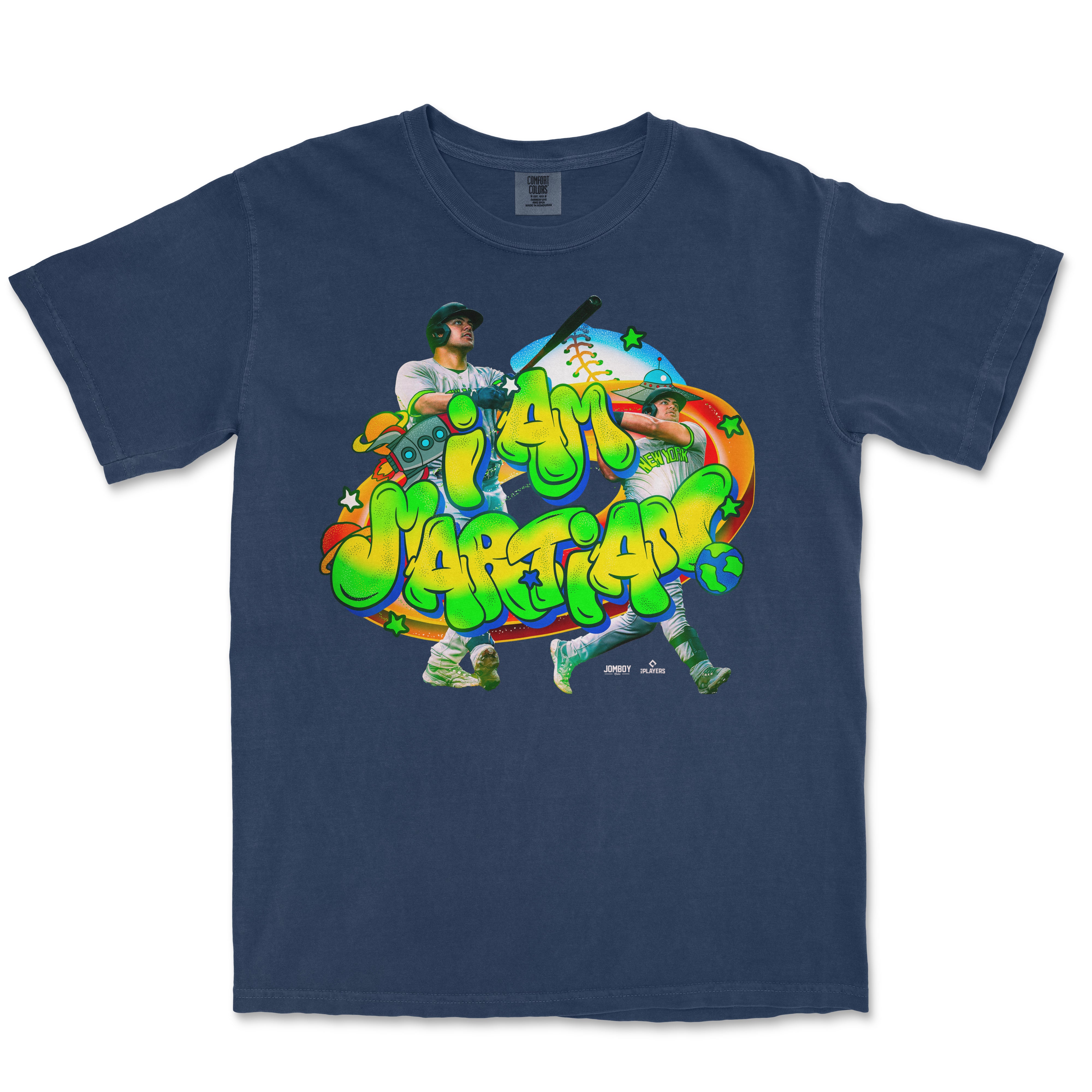 A navy blue T-shirt featuring a colorful, graffiti-style graphic of two kids in baseball uniforms with the text "I Am Jartar" surrounded by planets, stars, and space-themed elements.