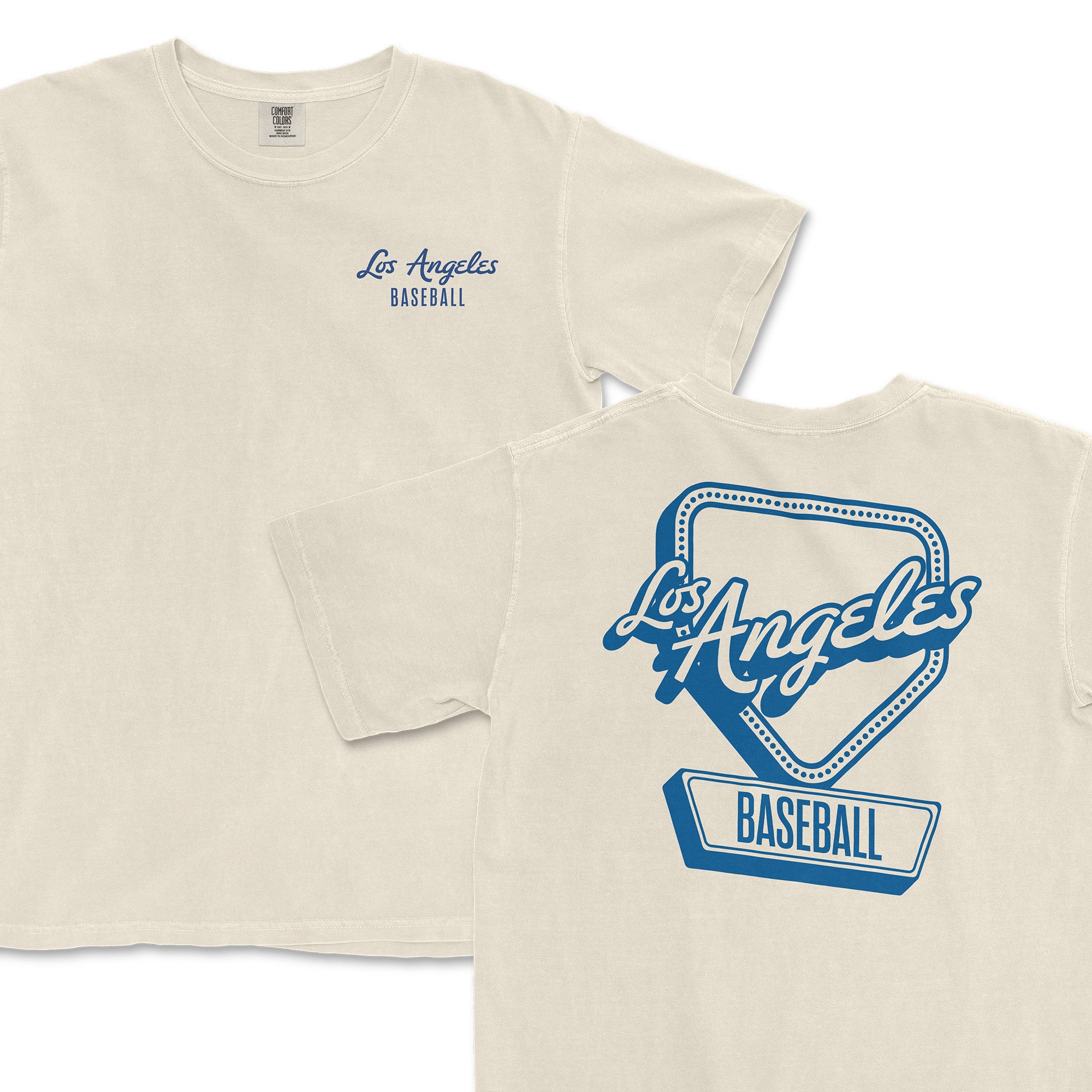 Cream-colored t-shirt featuring "Los Angeles Baseball" in blue on the front and a large graphic on the back.