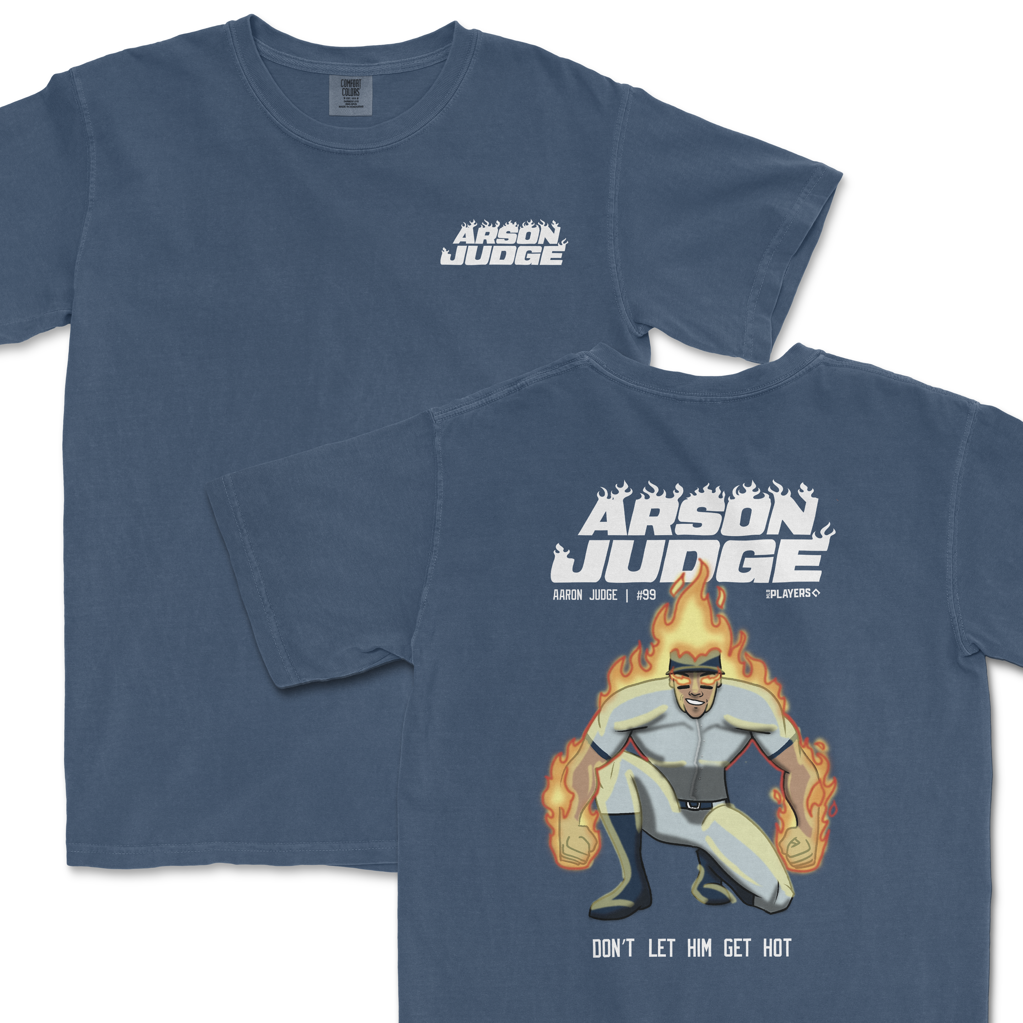 Blue t-shirt featuring a graphic of a superhero-like character on fire with "Arson Judge" text on the back.