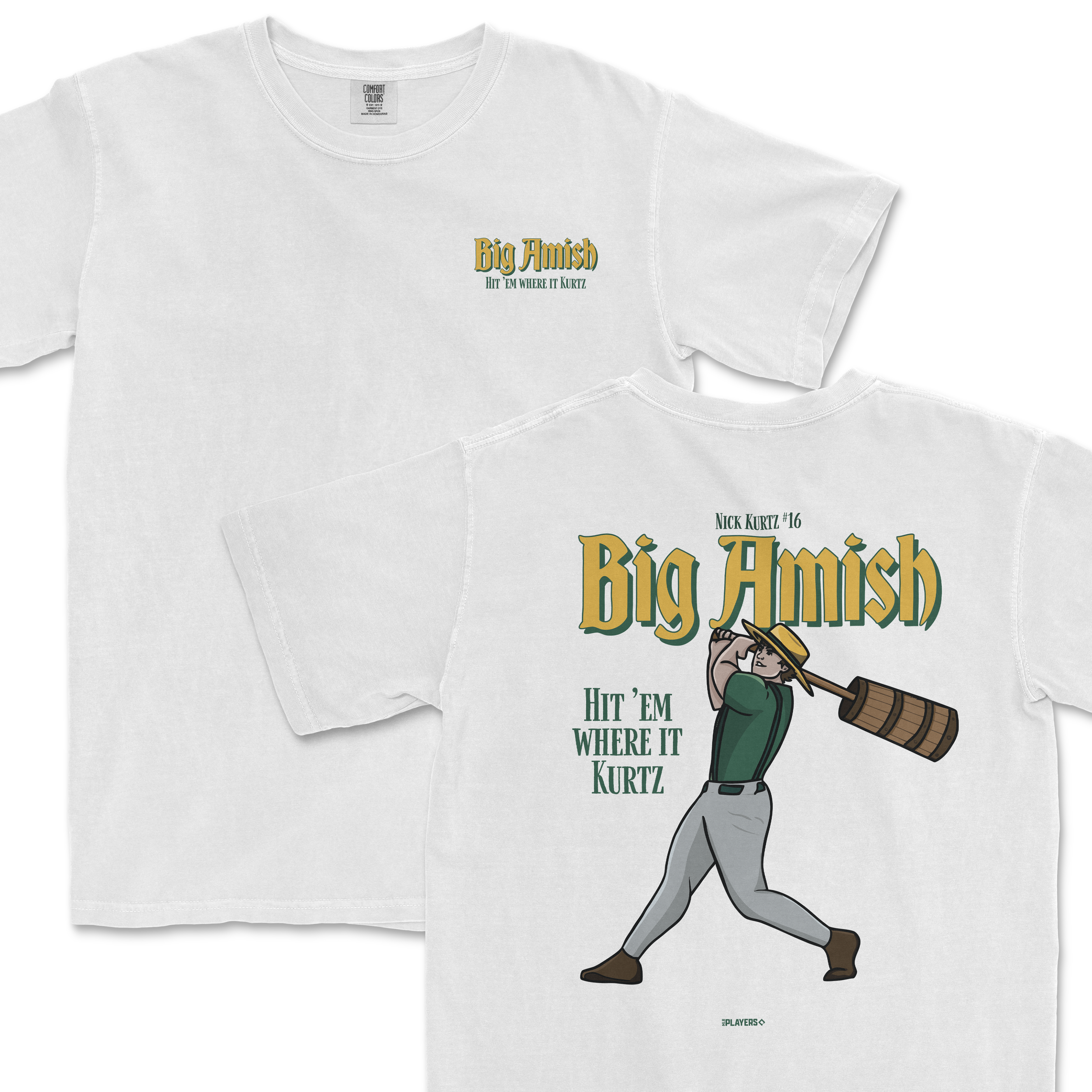 White t-shirt featuring "Big Amish" graphic and cartoon baseball player on the back, part of the AKA Collection.