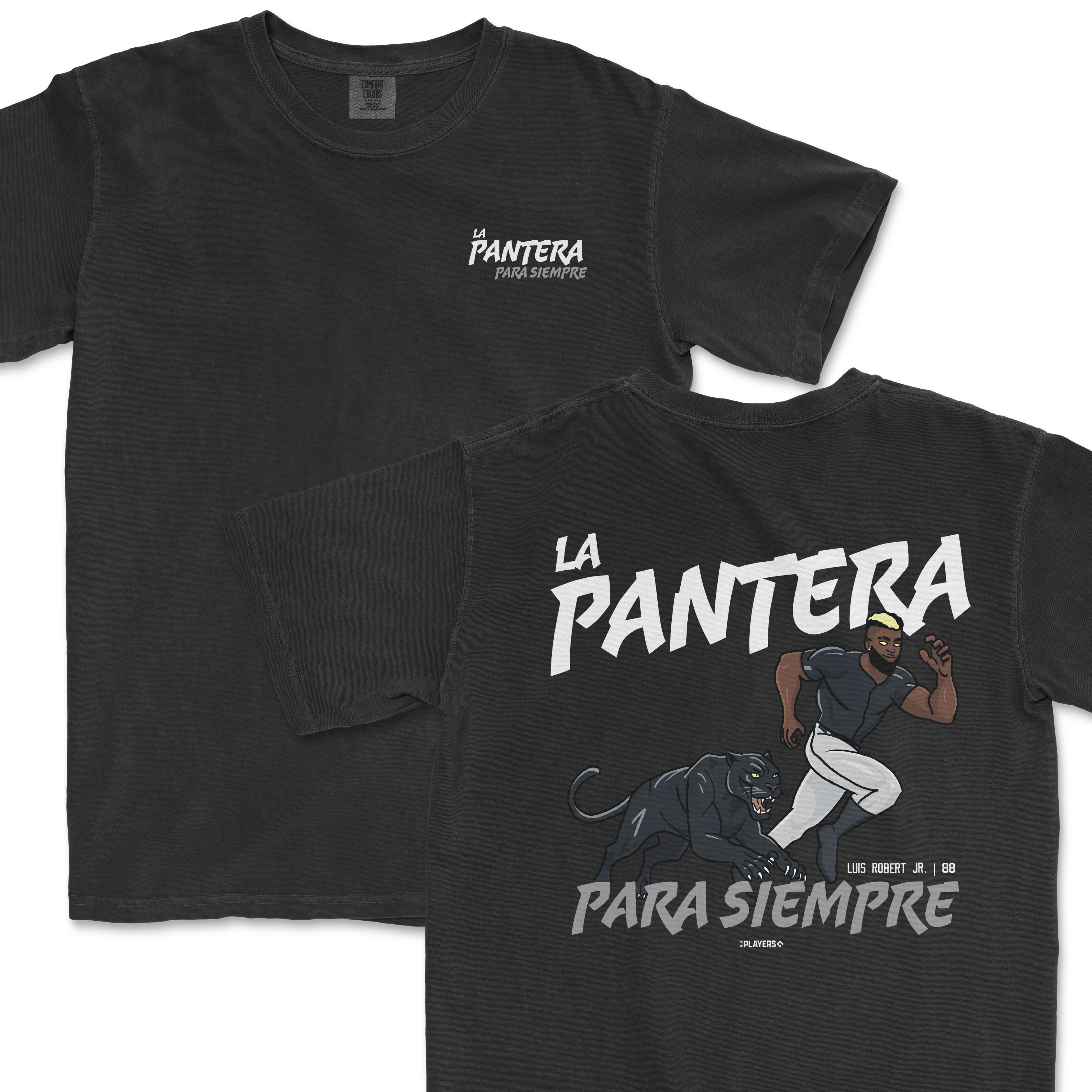 Black t-shirt featuring "La Pantera" graphic on the front and a panther illustration with text on the back.