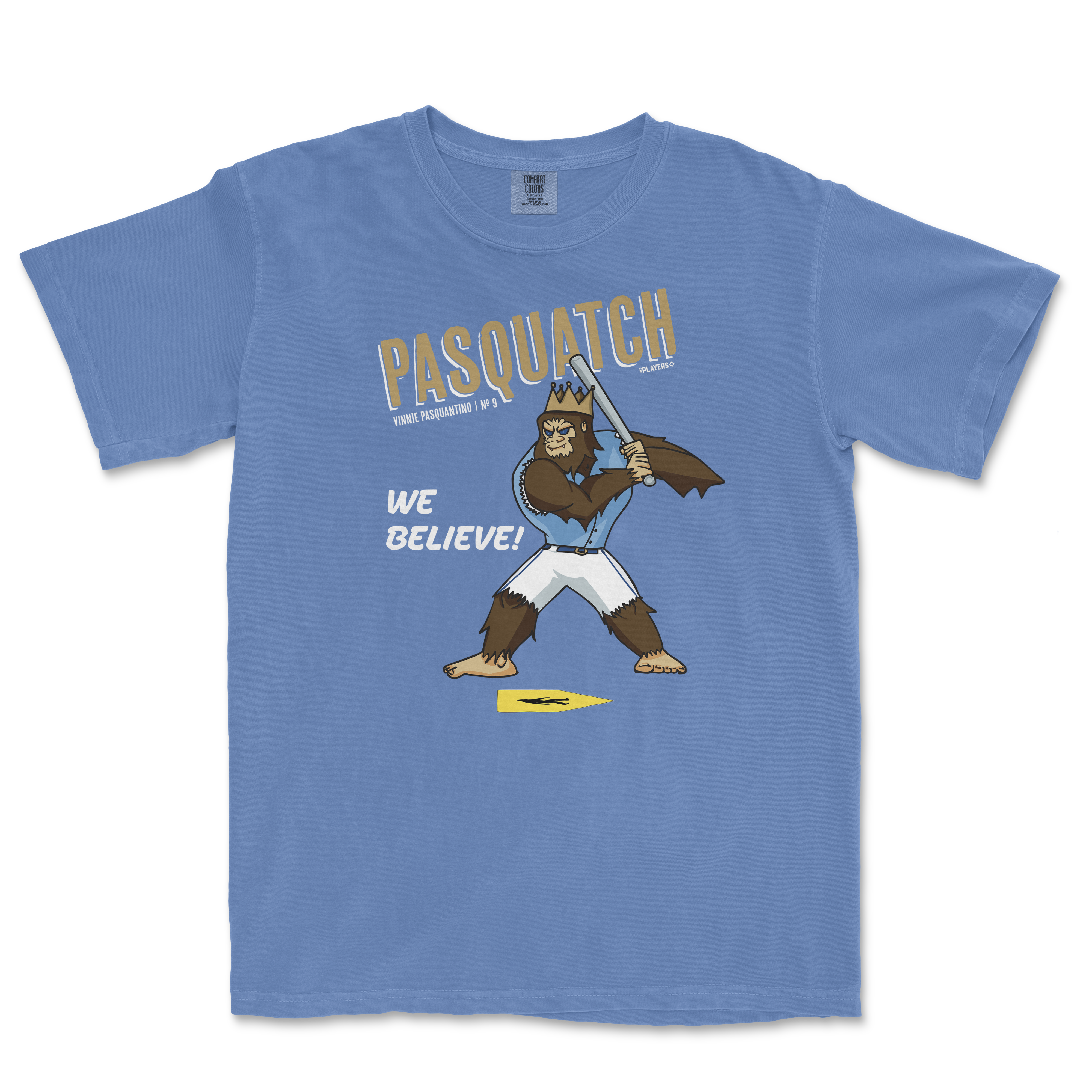 Light blue t-shirt featuring a cartoon Sasquatch character wielding a sword with the text "Pasquatch" and "We Believe!