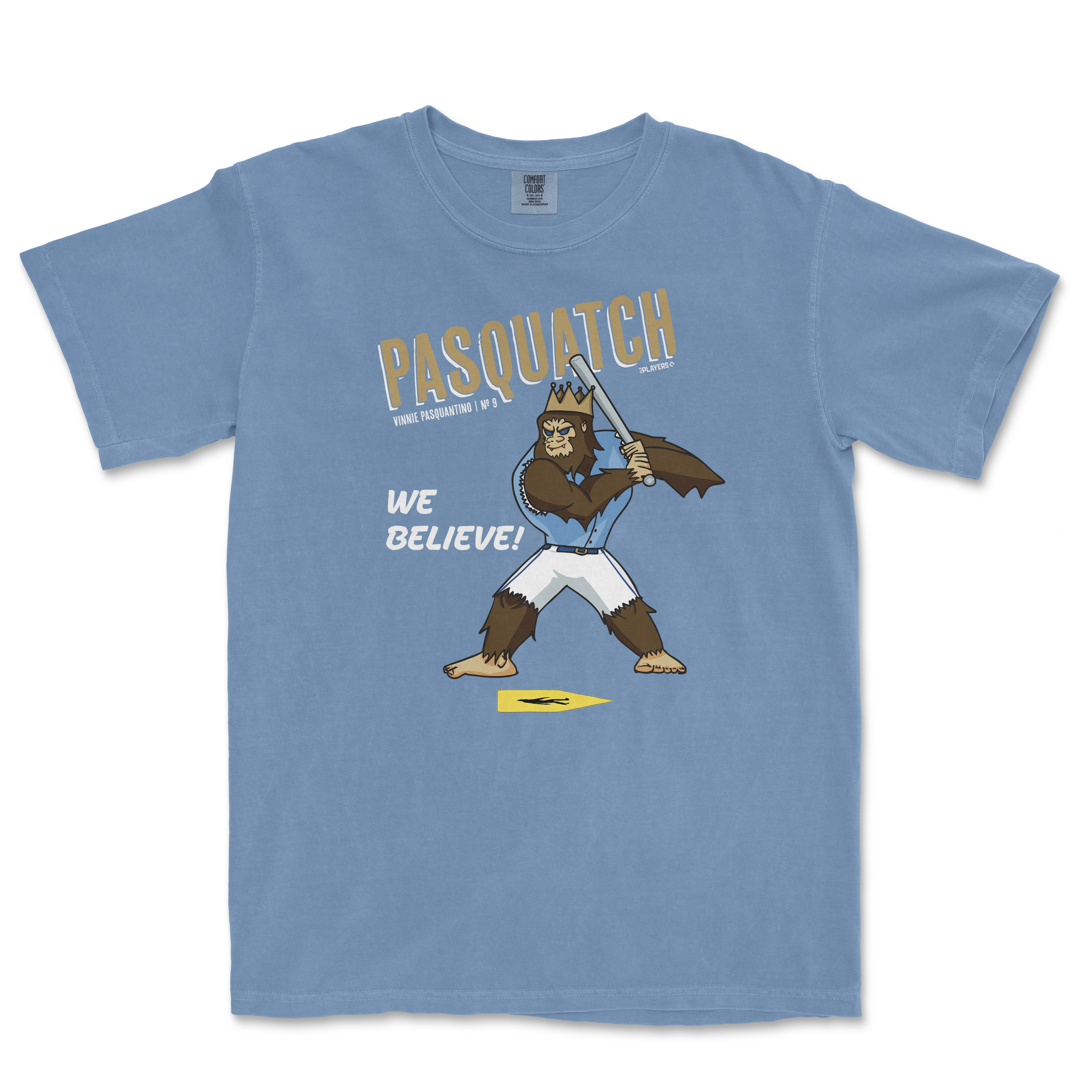 Light blue t-shirt featuring a cartoon Sasquatch wielding a sword with the text "Pasquatch" and "We Believe!" above.