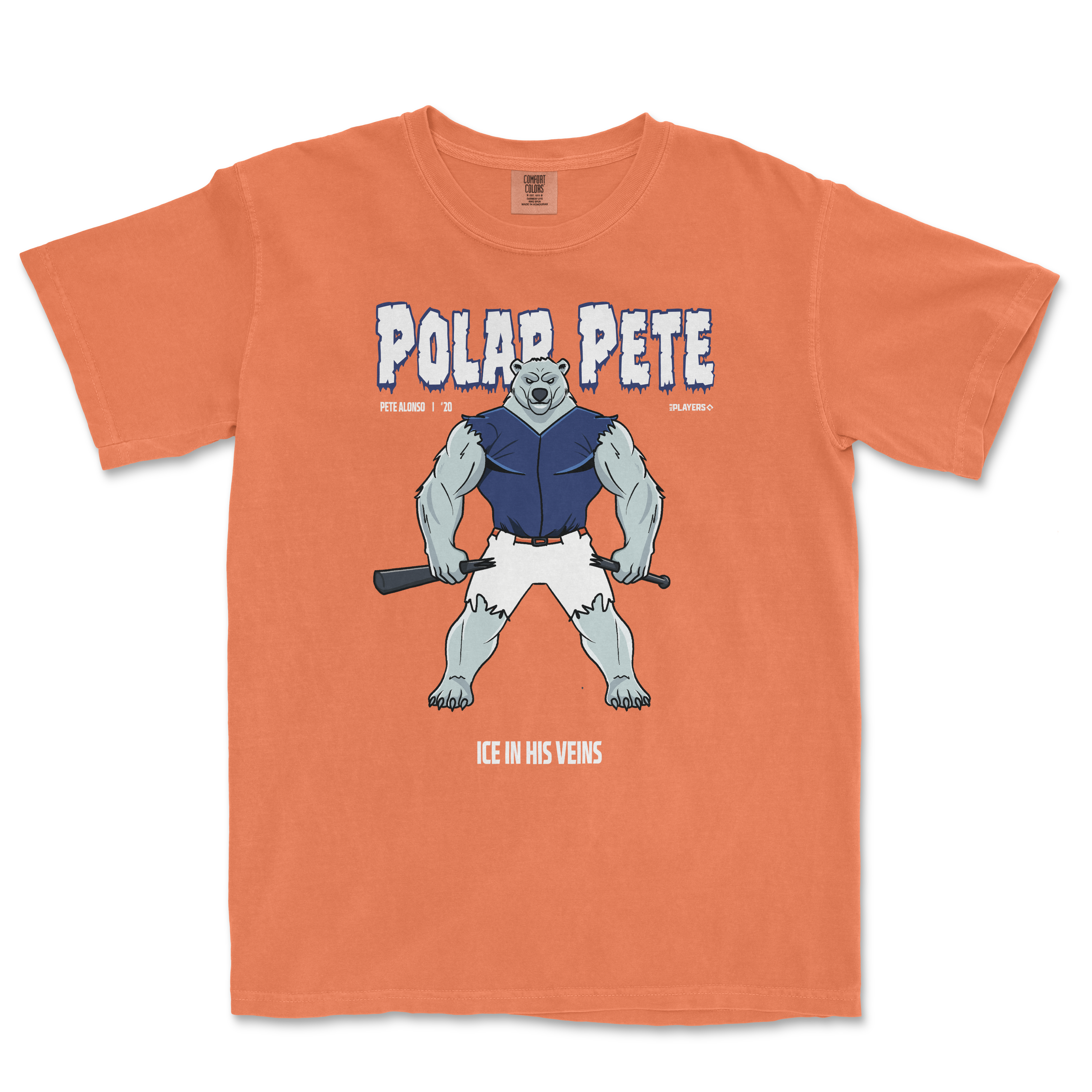 Orange t-shirt featuring a cartoon polar bear named Polar Pete, holding a bat, with the text "ICE IN HIS VEINS.