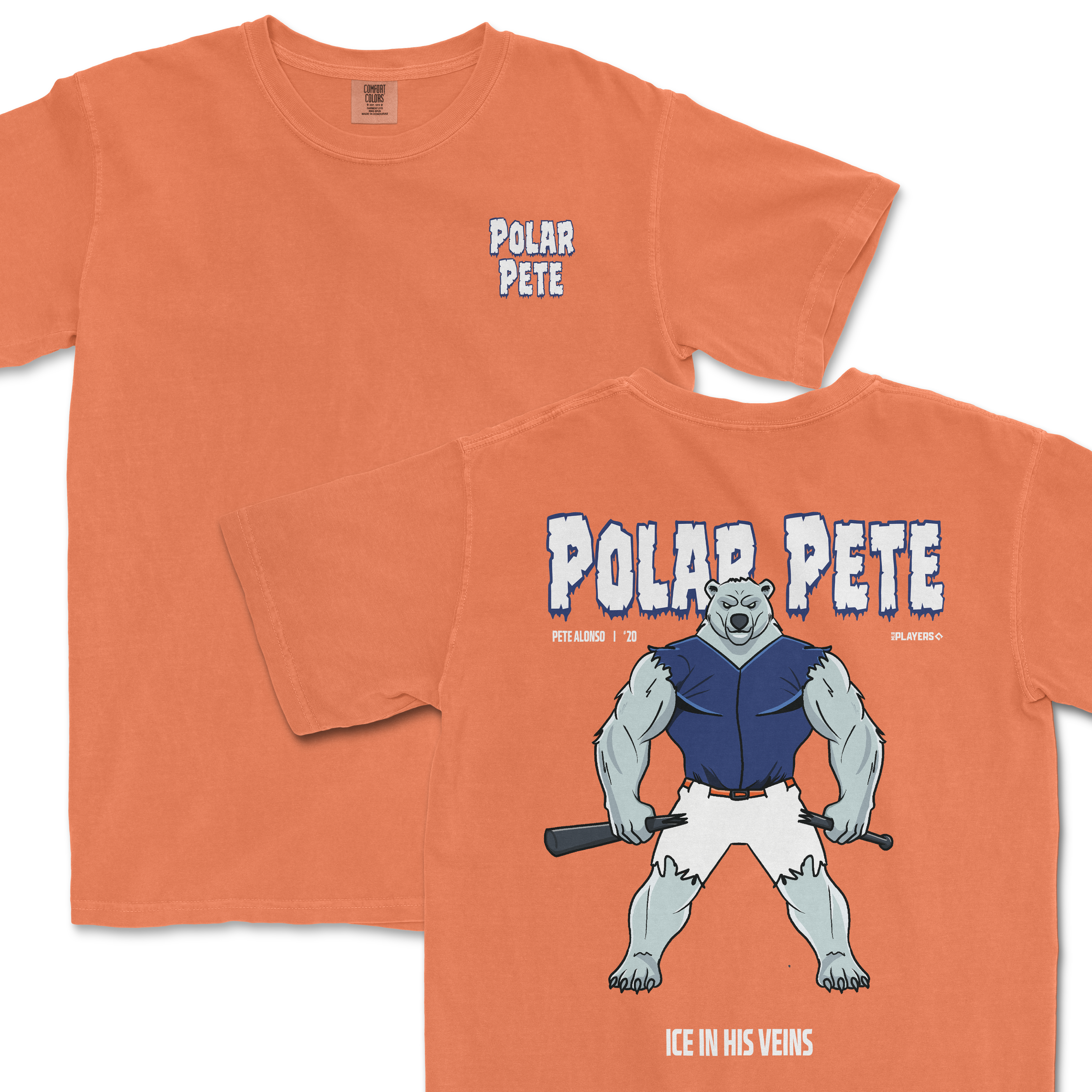 Orange t-shirt featuring Polar Pete graphic, showcasing a muscular polar bear with a bat and the text "Ice in His Veins.
