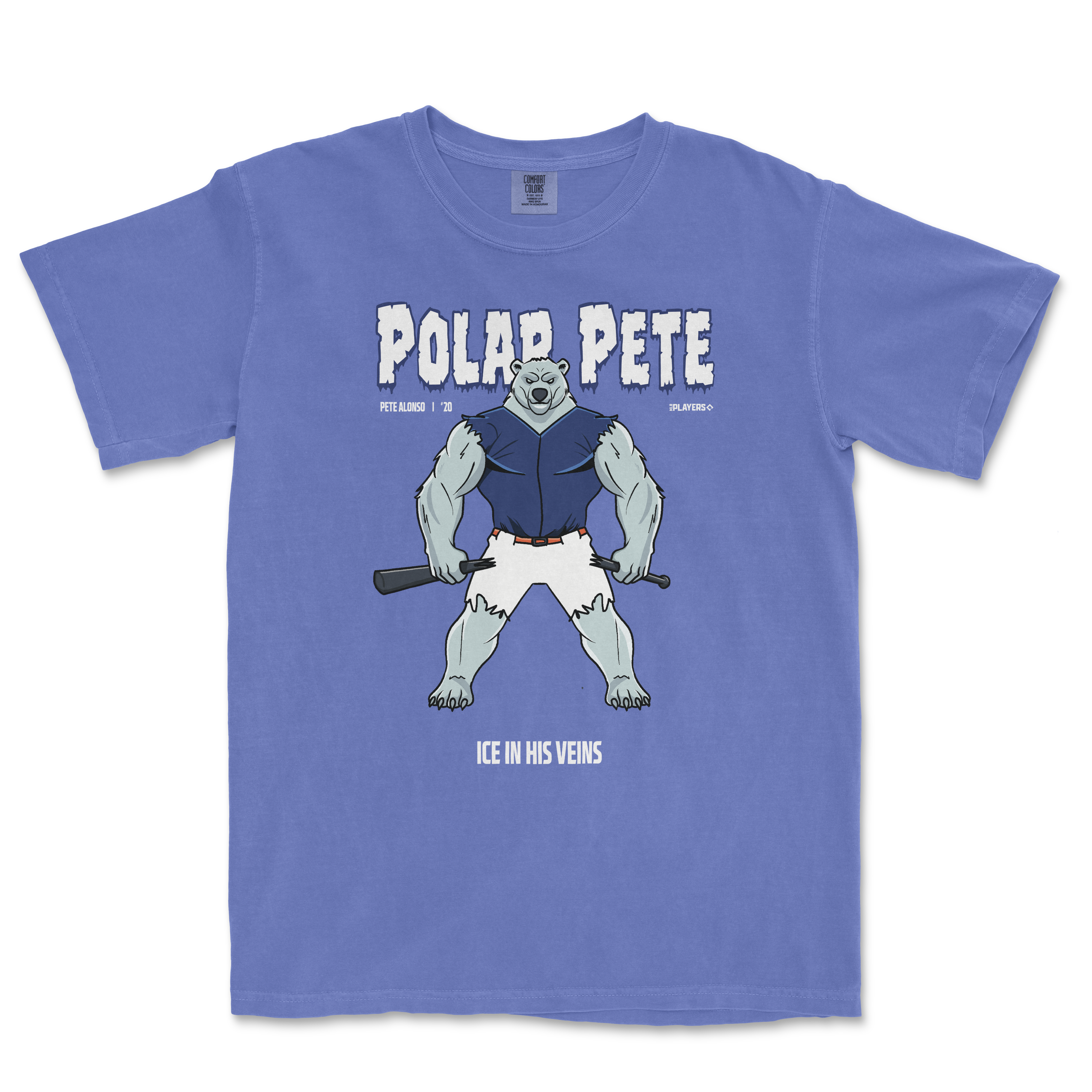 Blue t-shirt featuring a cartoon polar bear named Polar Pete, holding a baseball bat with the text "Ice in His Veins.