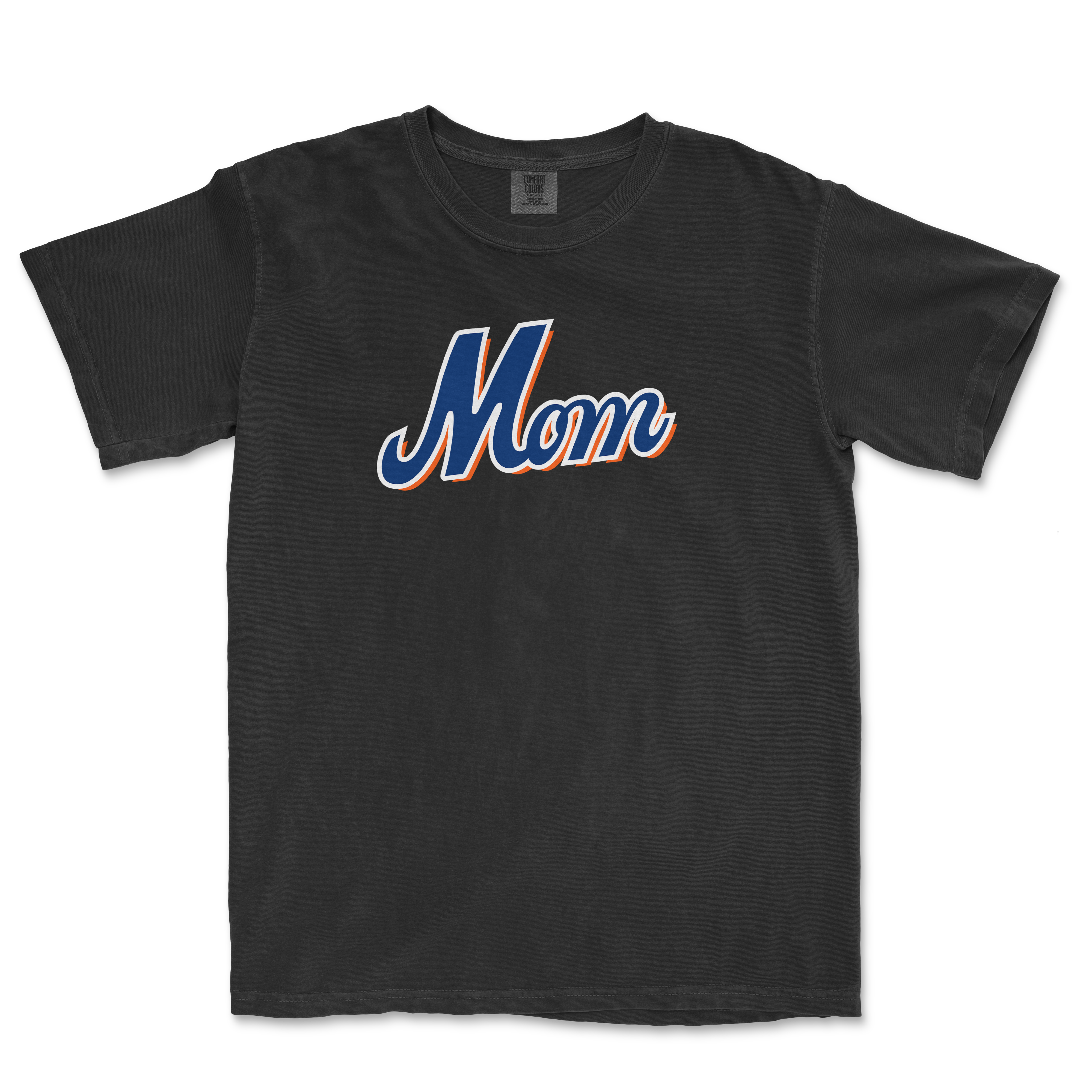 Black T-shirt with "Mom" written in bold, colorful script, celebrating Queens baseball moms.