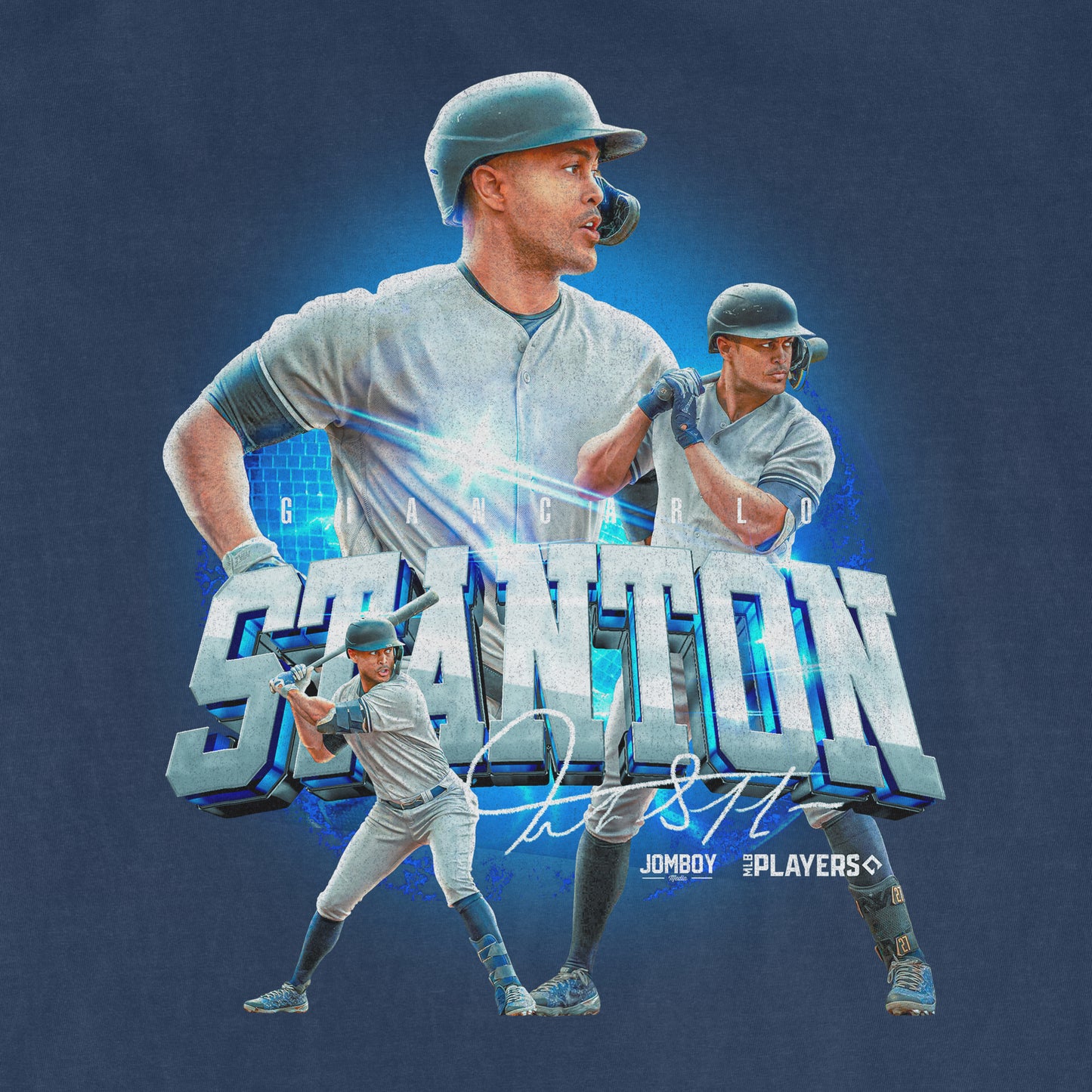 Alt Text: "Promotional image for the 'Big G' Signature Series Comfort Colors Tee, featuring an artistic design with three dynamic poses of a baseball player in action, set against a deep blue background. The player's name 'STANTON'