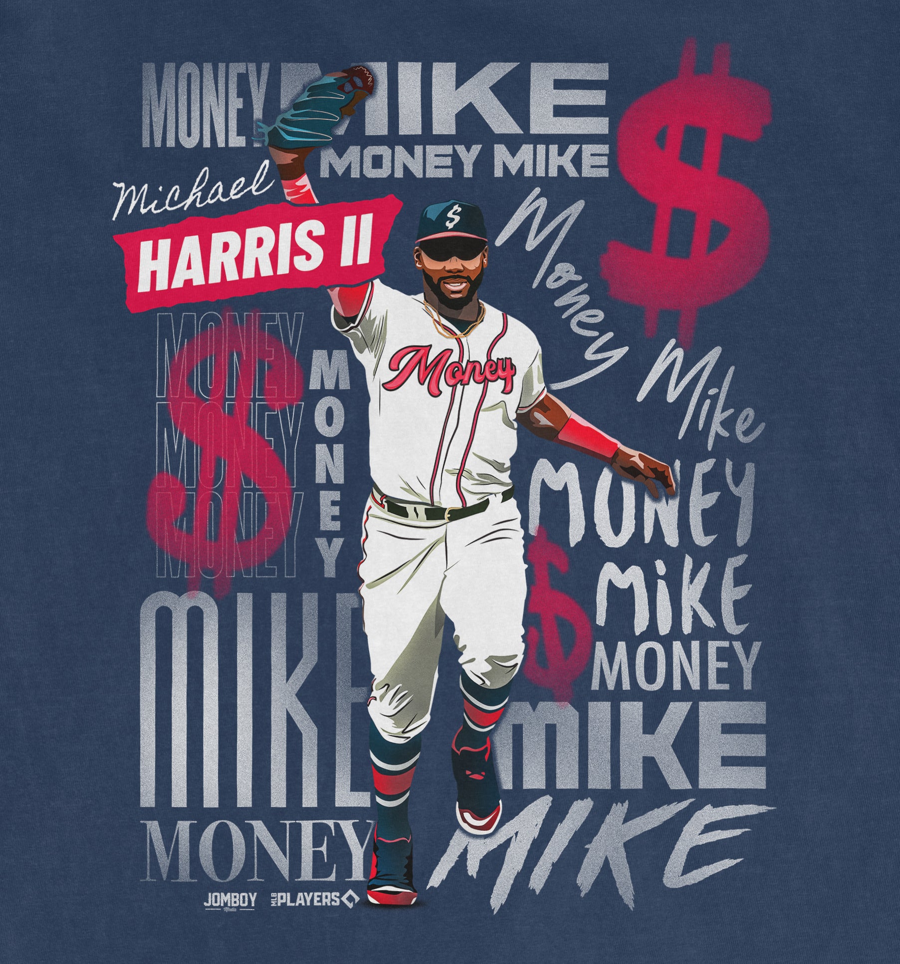 Illustration of a man in a baseball uniform with "Money" on the chest, surrounded by "Money Mike" and dollar sign graphics on a Comfort Colors tee.