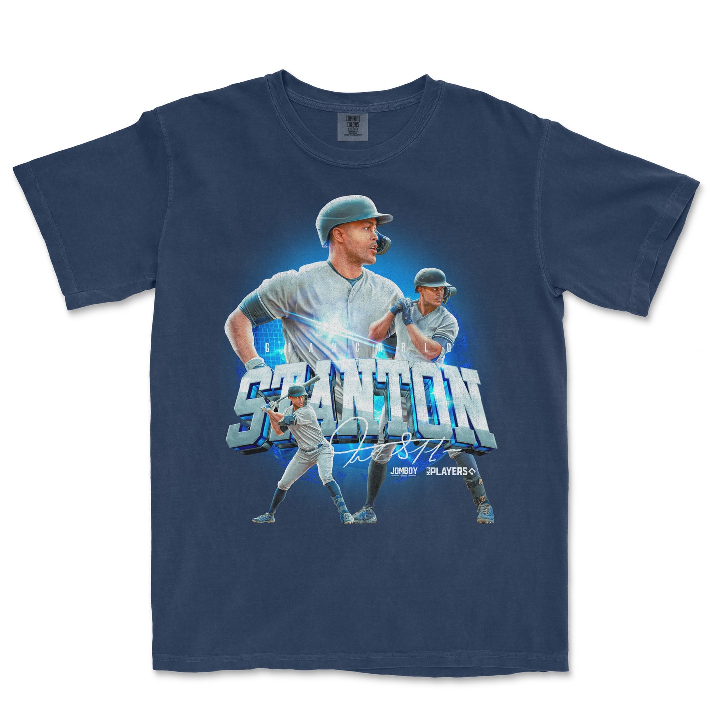 Navy blue Comfort Colors tee featuring a dynamic graphic of a baseball player in action with the text "Stanton 1987" in bold, stylized font.