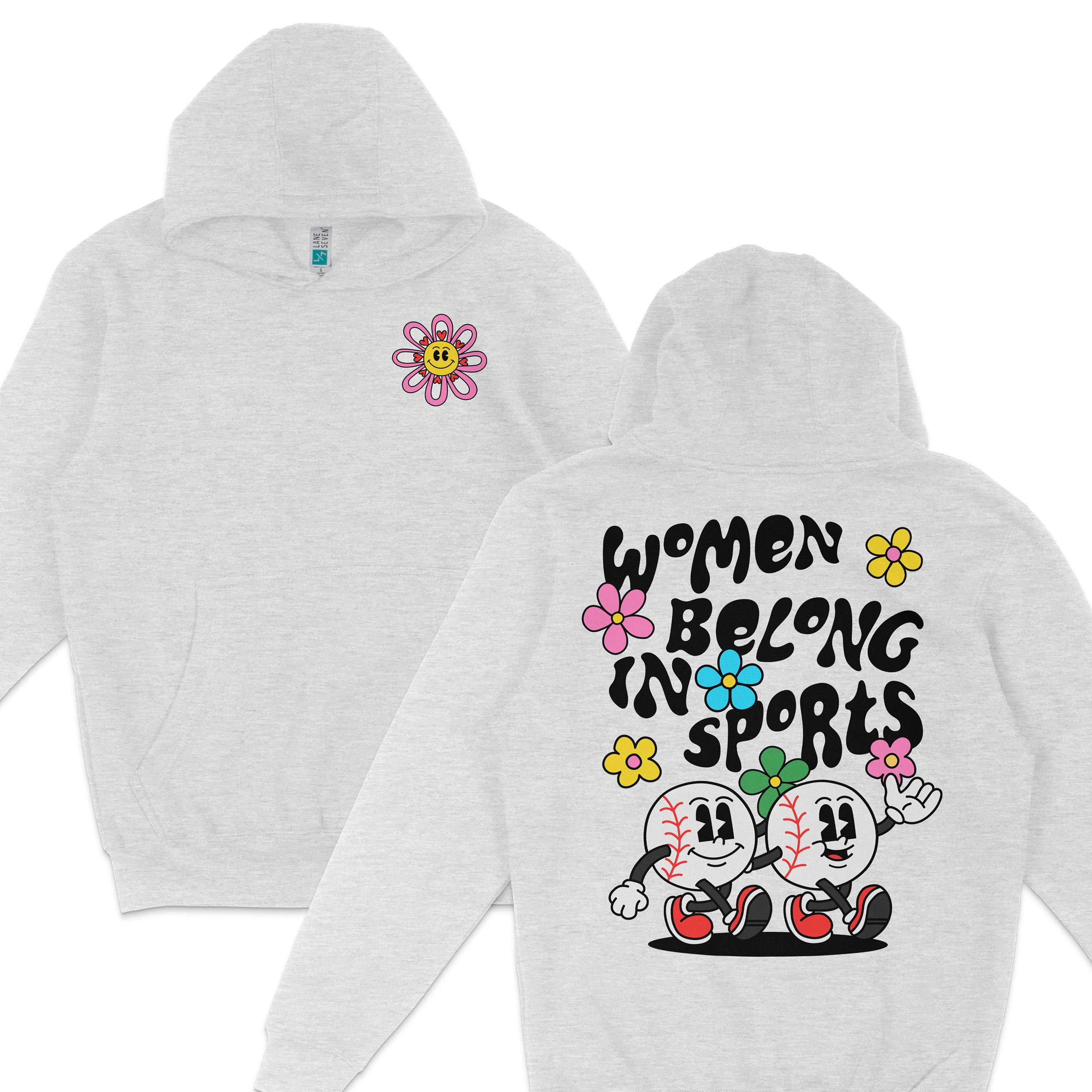 Light gray hoodie featuring a pink flower with a smiling face on the front, and a colorful cartoon baseball character with flowers and text on the back.