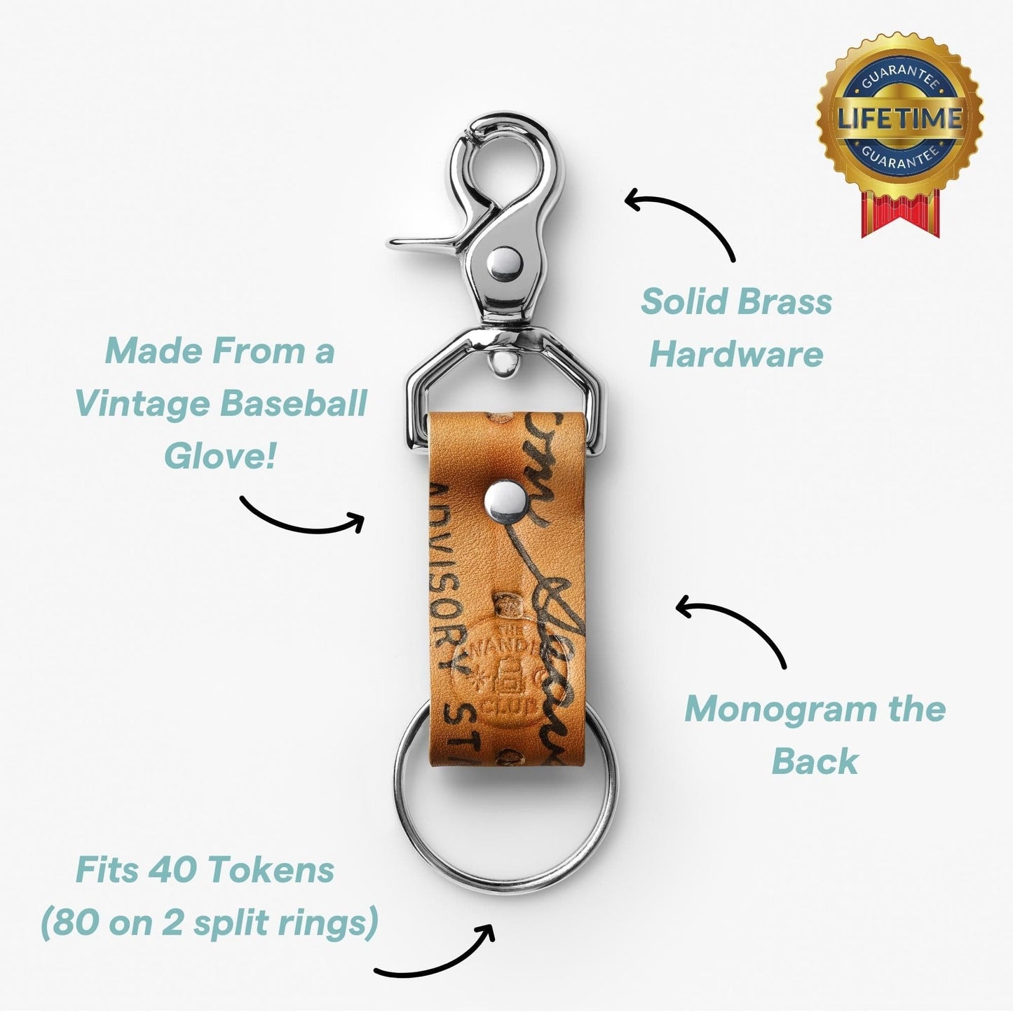 Vintage baseball glove-inspired Wanderchain keychain with a leather strap, metal hardware, and space for 40 tokens.