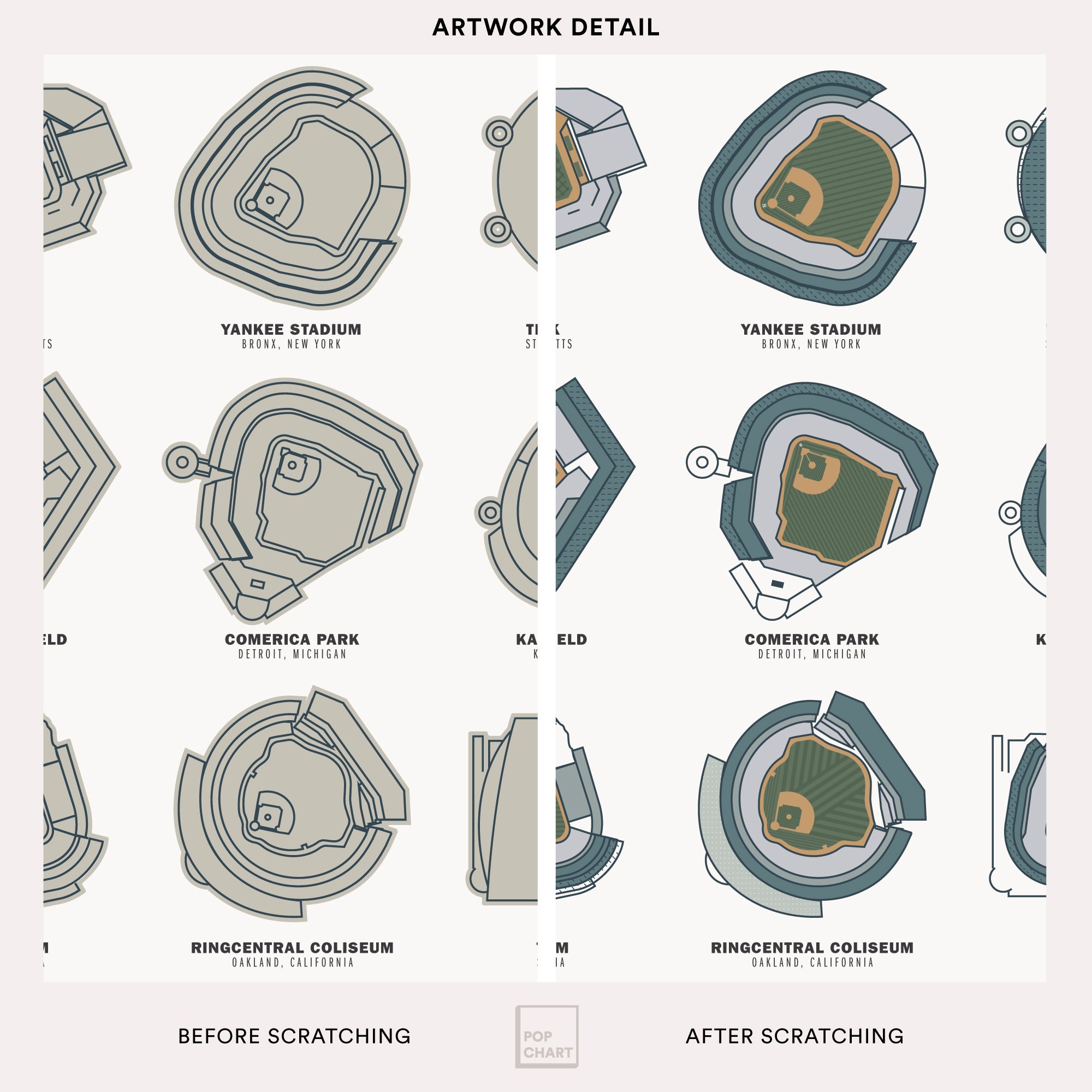 Illustration of Major League Ballparks scratch-off poster showing before and after scratching, revealing colorful stadium maps.