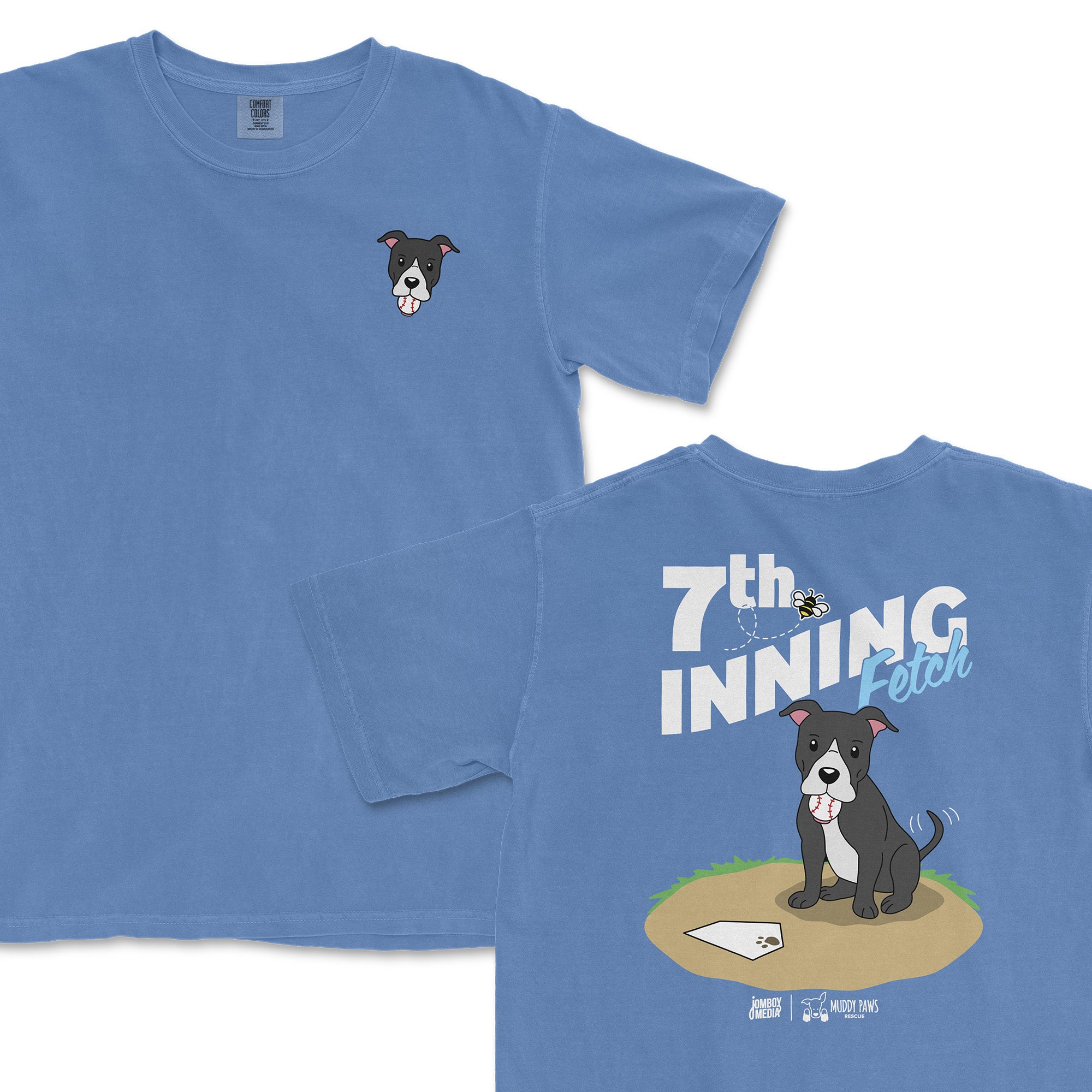 Blue t-shirt featuring a cartoon pitbull on the front and "7th Inning Fetch" graphic on the back, perfect for dog lovers and sports fans.