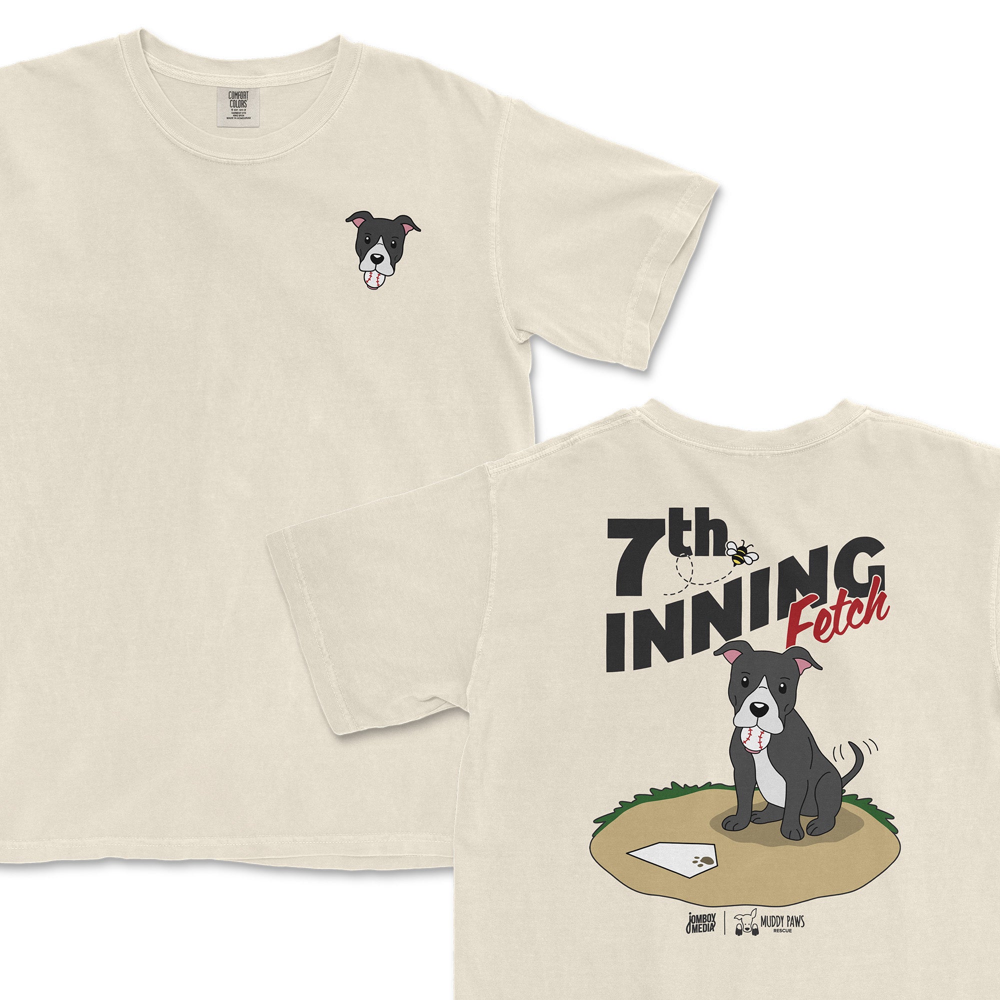 Pitbull-themed t-shirt featuring a cartoon dog on the front and "7th Inning Fetch" graphic on the back.