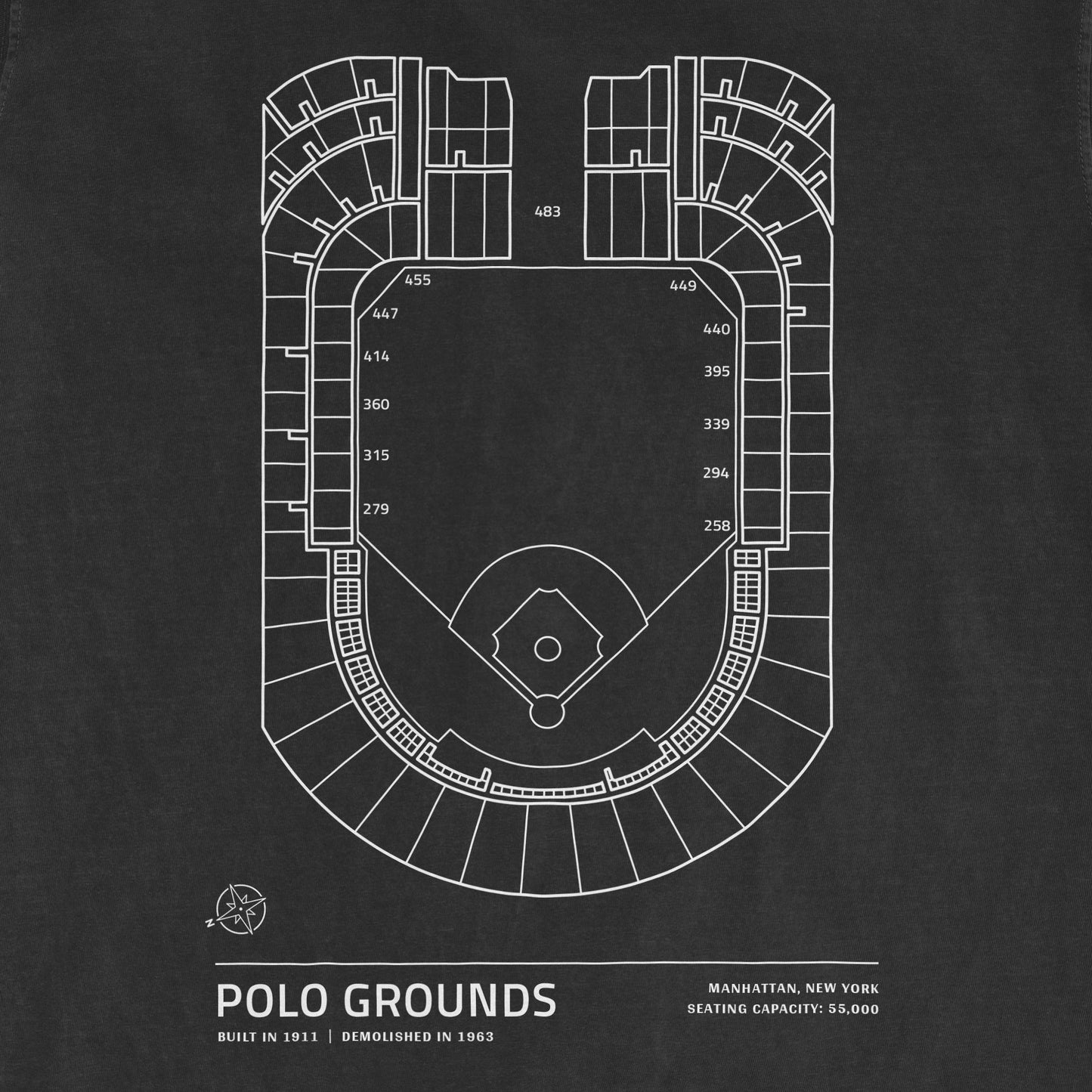 Outline of Polo Grounds stadium seating chart with section numbers, set against a dark background, from the Stadium Collection.