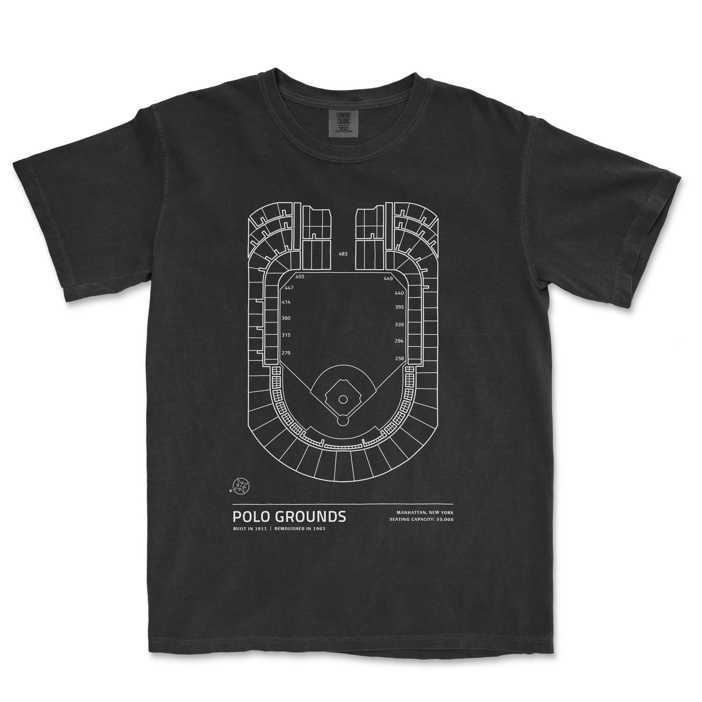 Black T-shirt featuring a white line drawing of Polo Grounds stadium seating chart, with details about its history and capacity.