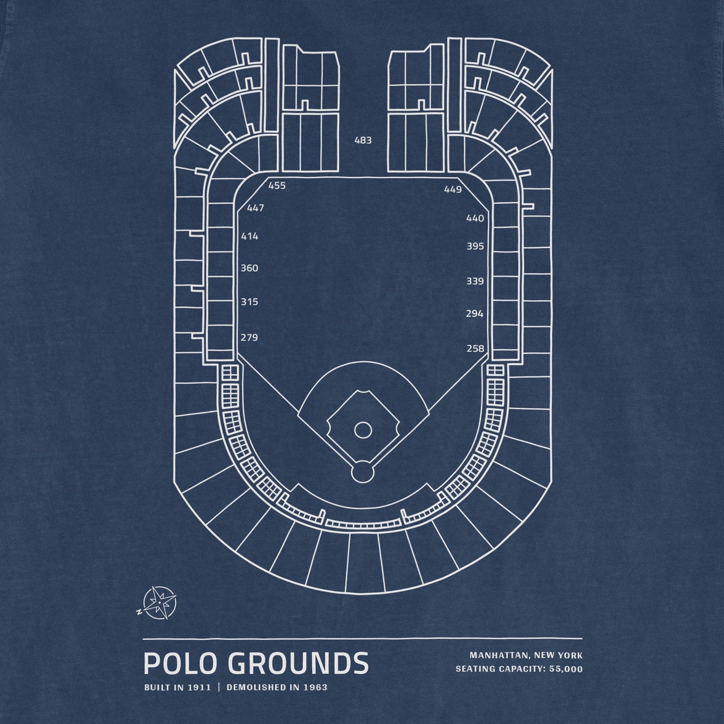 Blueprint-style illustration of Polo Grounds stadium seating layout, with section numbers, located in Manhattan, NY, capacity 55,000.