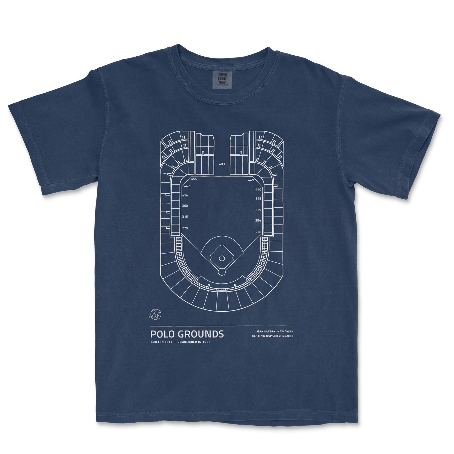 Blue T-shirt featuring a white line drawing of Polo Grounds stadium seating chart with location details and "Stadium Collection" branding.