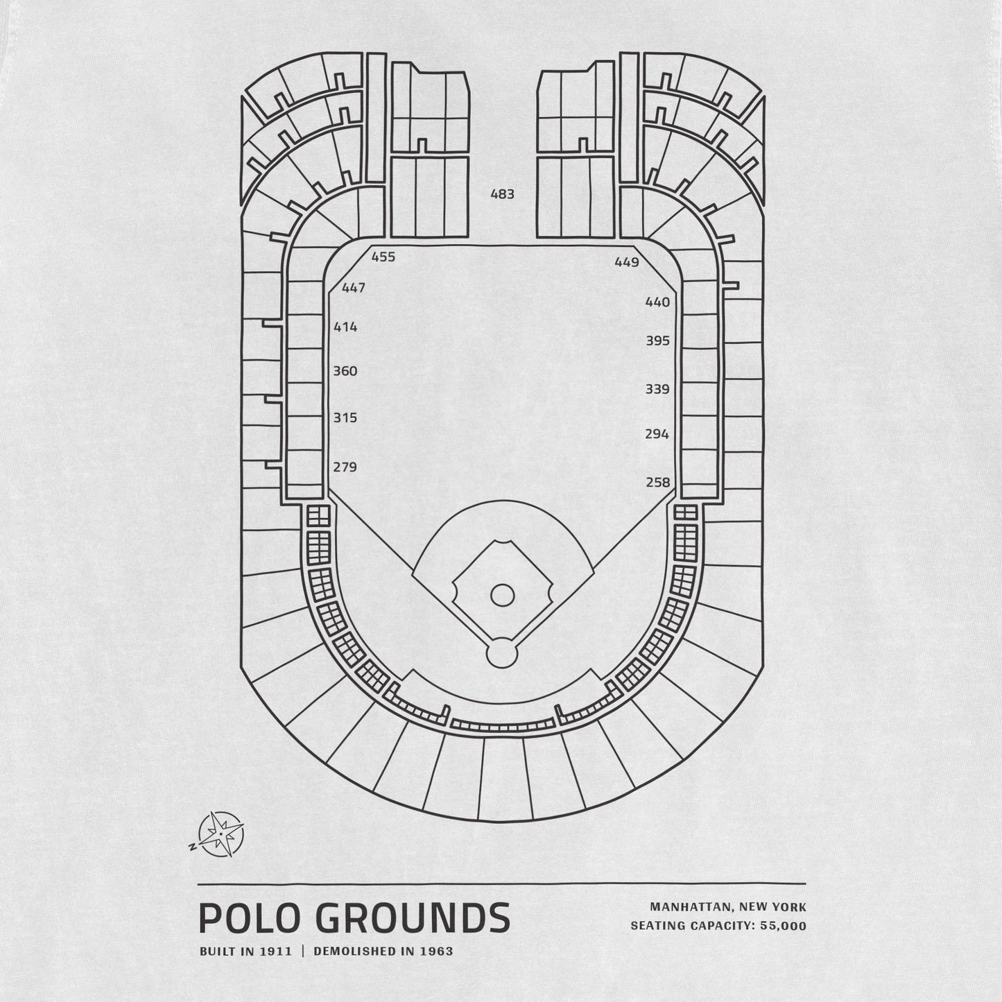 Black and white stadium seating chart of Polo Grounds in Manhattan, New York, with labeled sections, built in 1911, demolished in 1963.