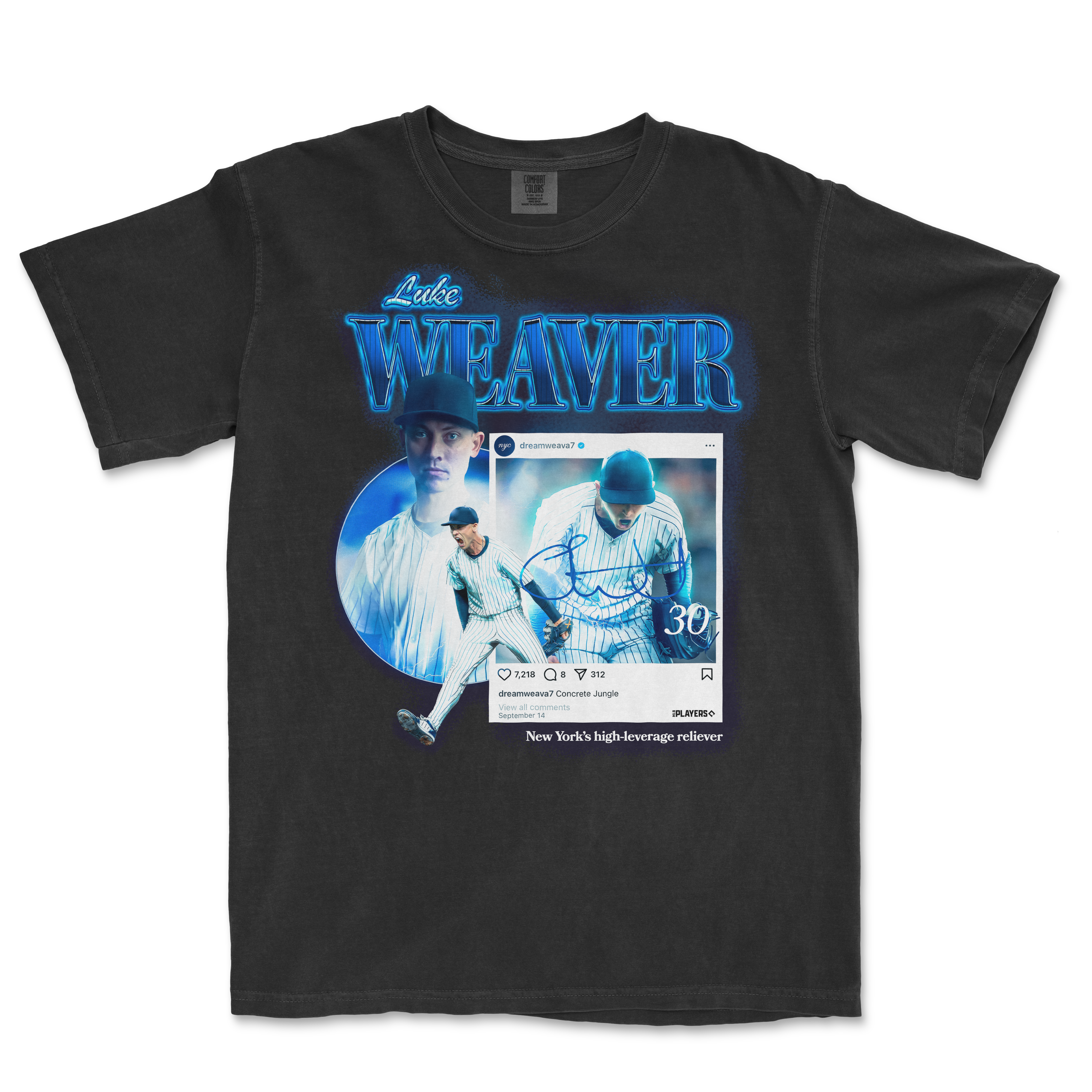 Black Comfort Colors T-shirt featuring a neon-style "Dream Weaver" text, baseball player graphic, and social media-inspired design.