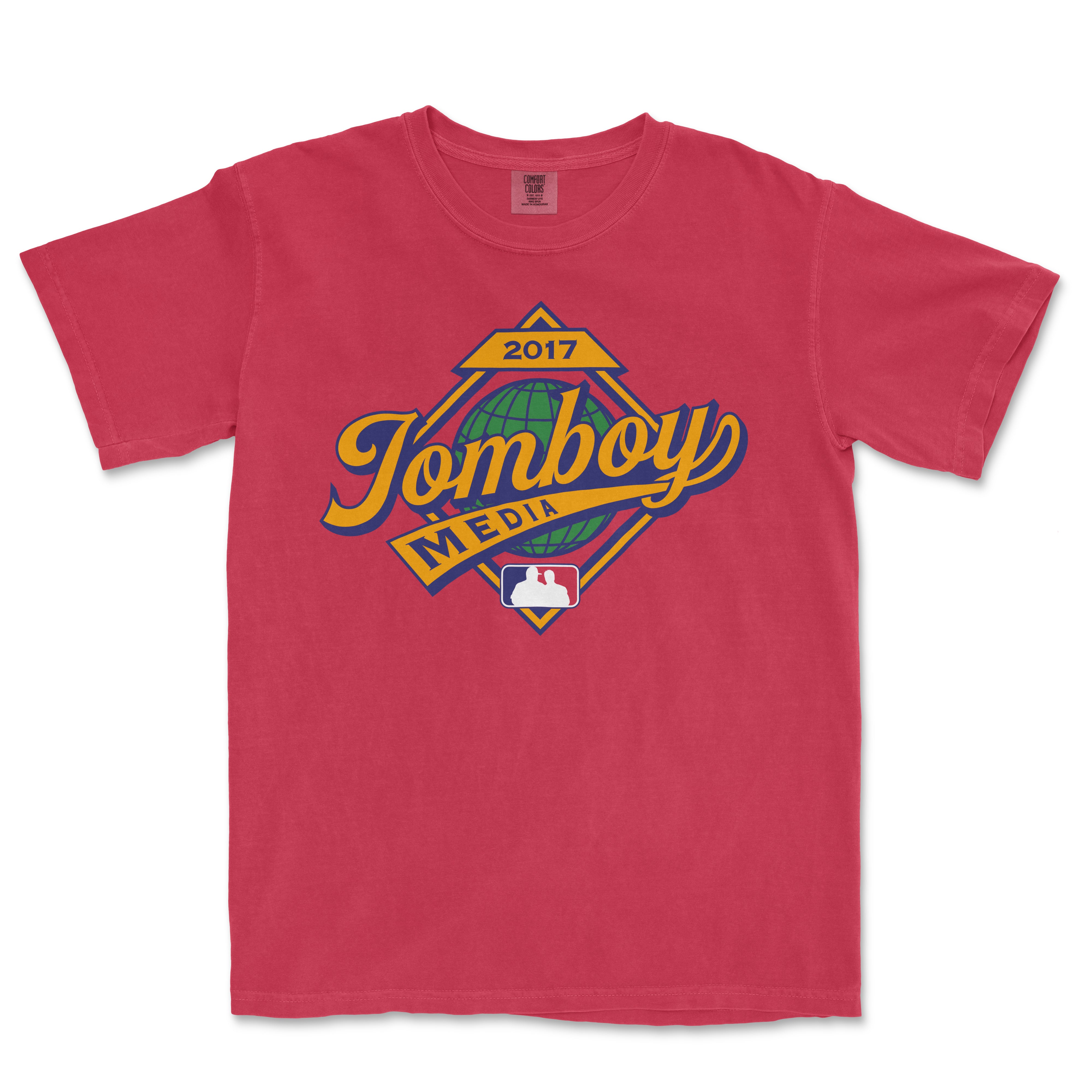 Red Comfort Colors T-shirt featuring a vintage-style "Jomboy Media" logo with a globe, year 2017, and MLB emblem.