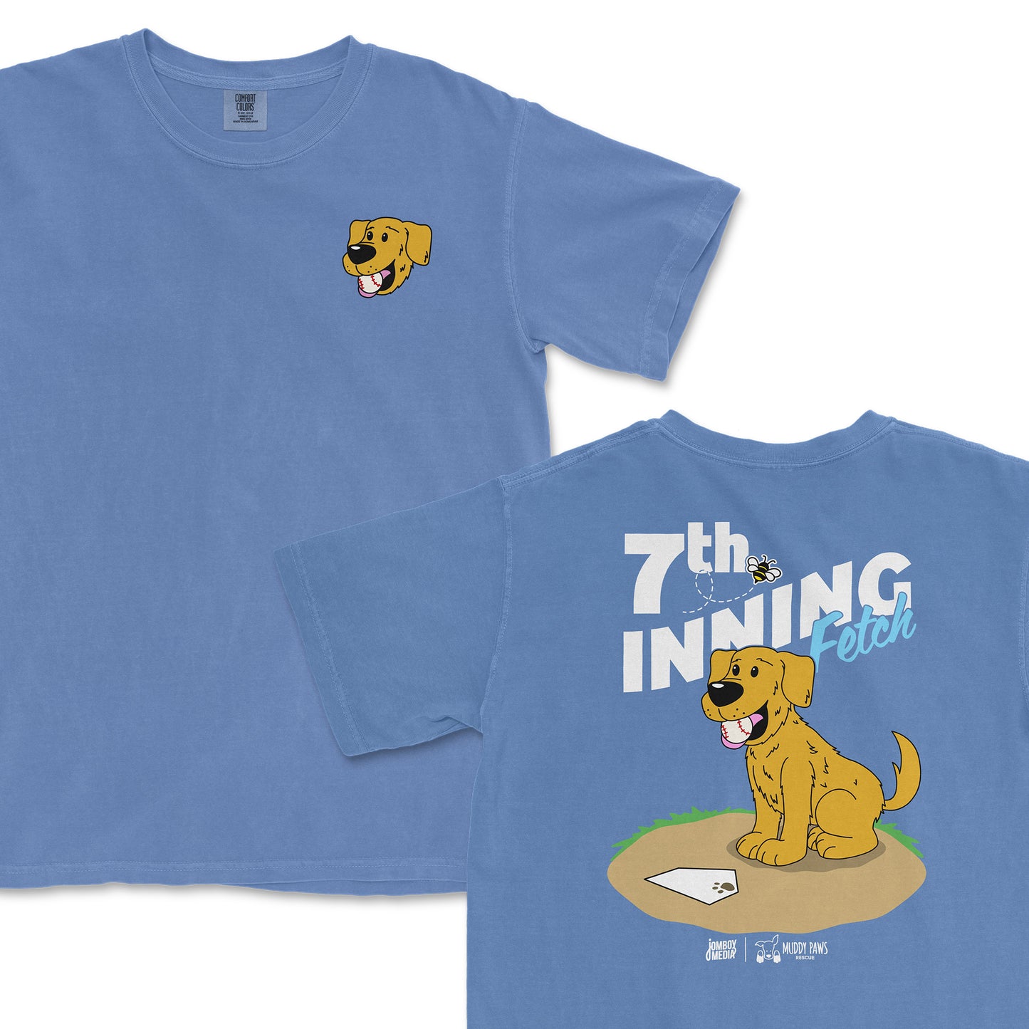 Blue t-shirt featuring a cartoon golden retriever on the front and "7th Inning Fetch" graphic on the back.