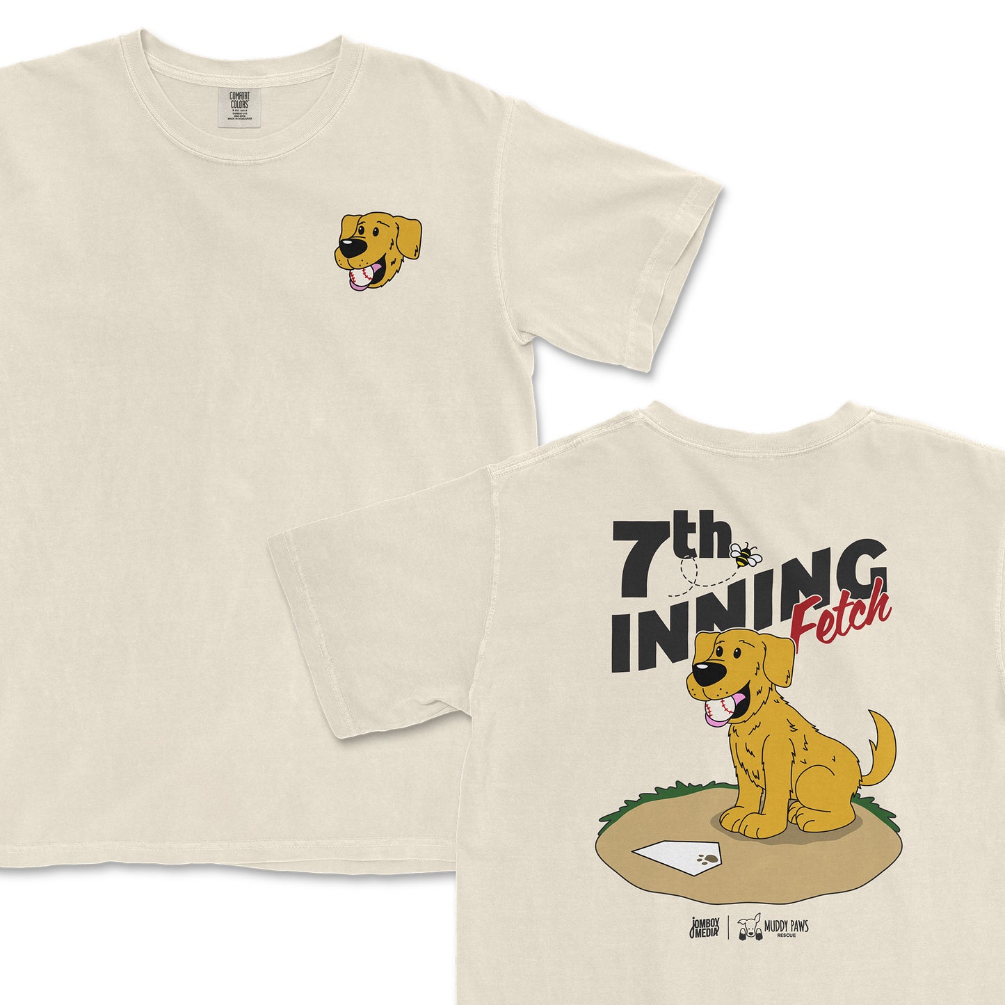 Cream-colored t-shirt featuring a cartoon golden retriever and the text "7th Inning Fetch" on the back.