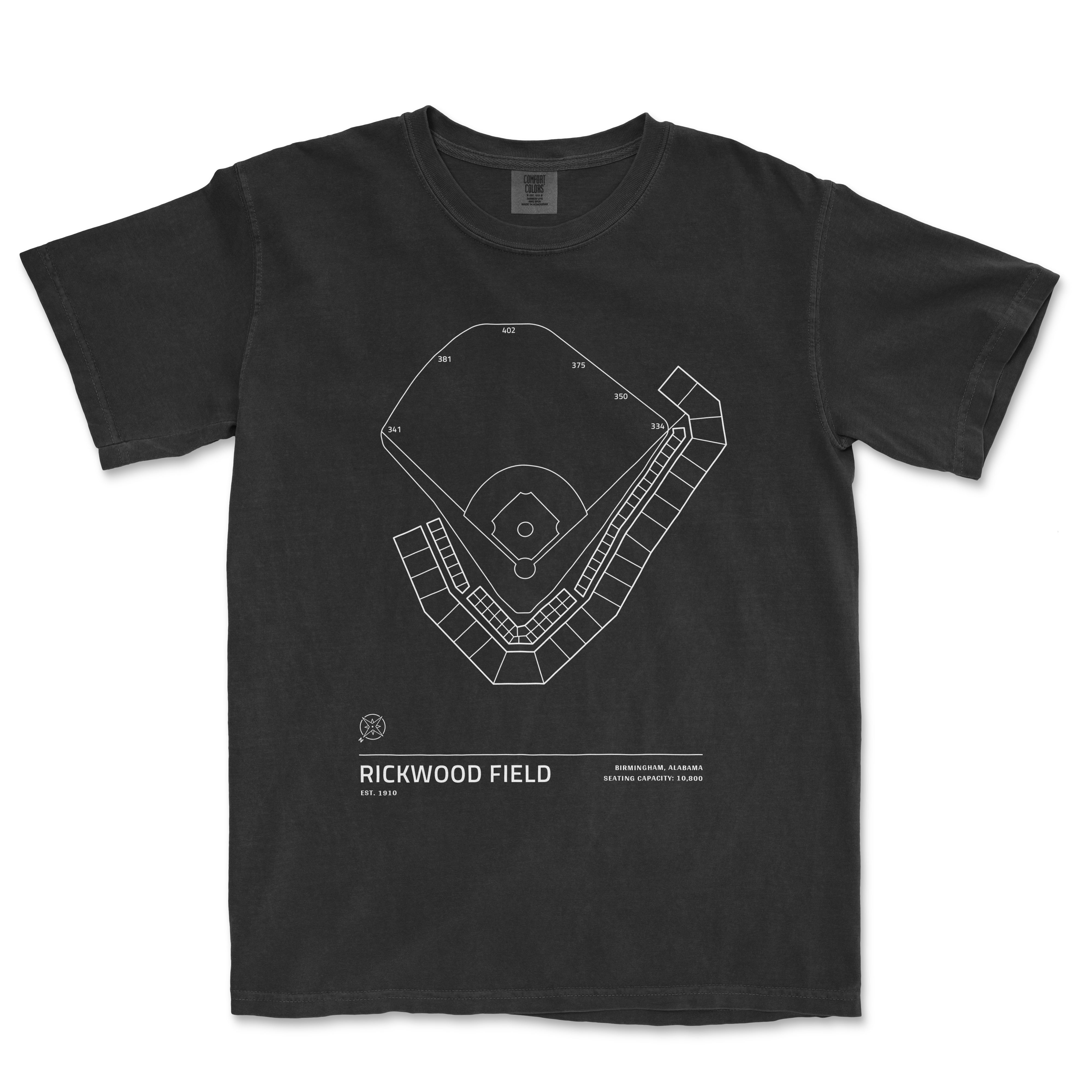 Black T-shirt featuring a white line drawing of Rickwood Field's stadium layout, with details like seating capacity and founding year.