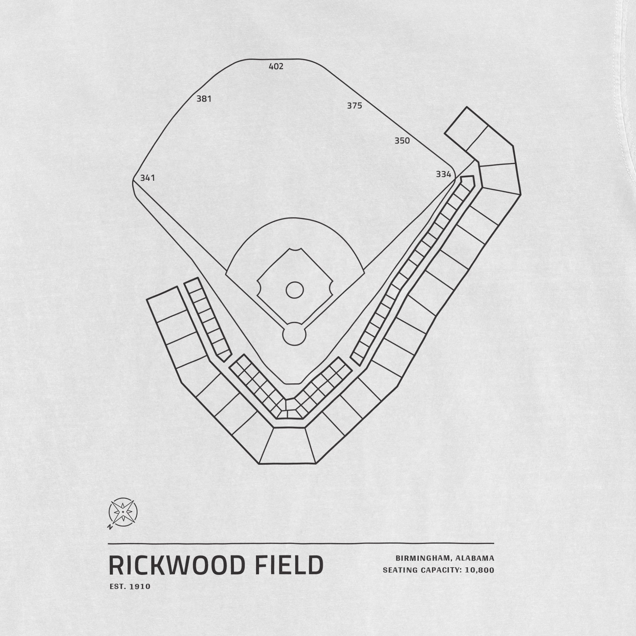 Line drawing of Rickwood Field stadium seating layout, showing field dimensions, seating sections, and capacity of 10,800.