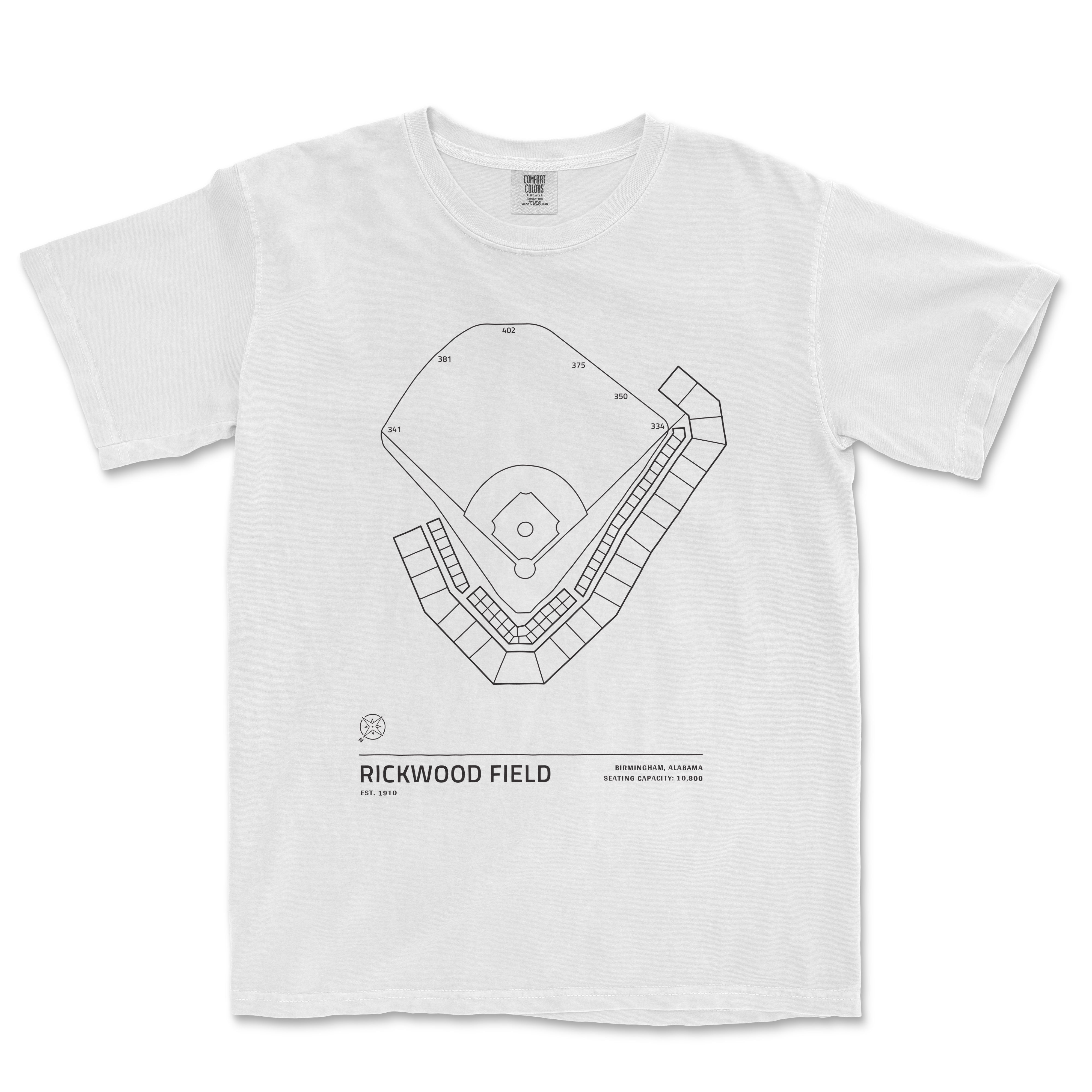 White T-shirt featuring a black line drawing of Rickwood Field's stadium layout, with seating capacity and location details.