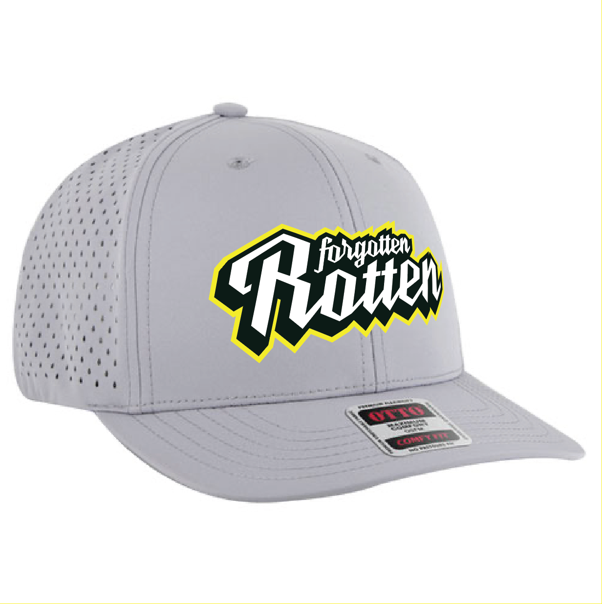 White six-panel hat with "Forgotten Rotten" logo in black, white, and yellow on the front, featuring perforated sides.