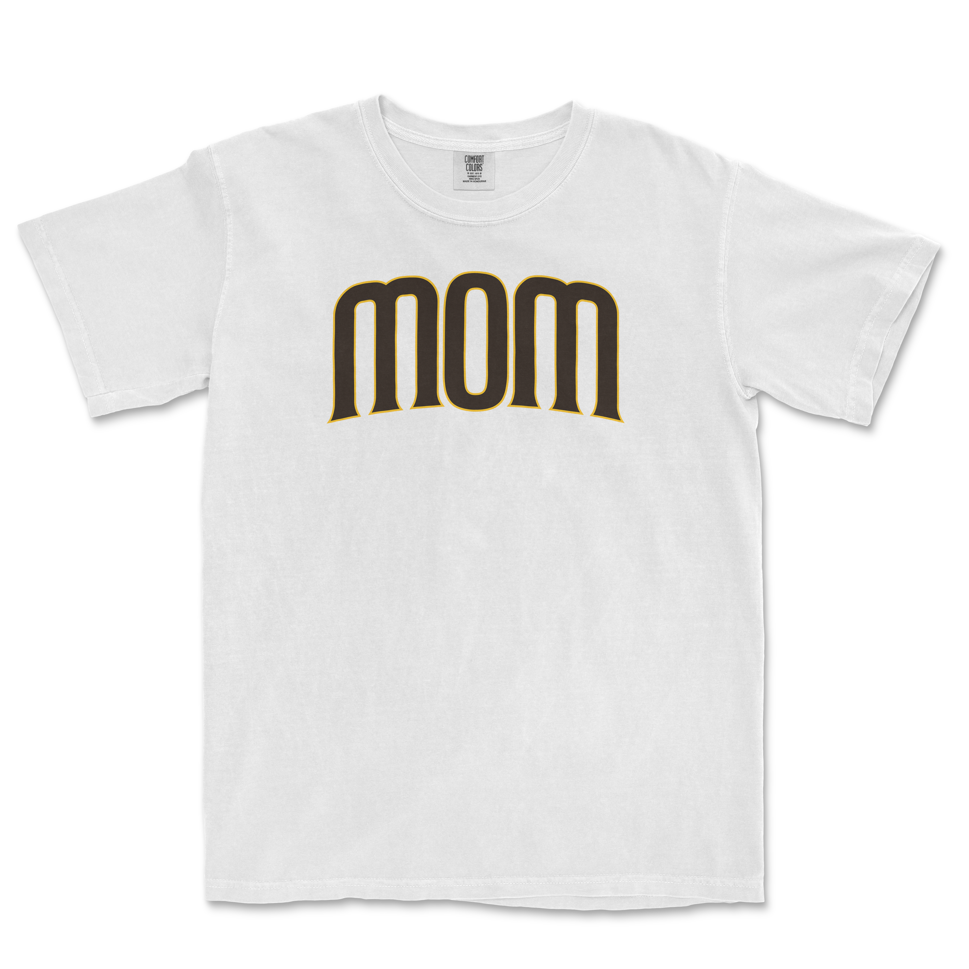 White T-shirt with "Mom" printed in bold black and gold letters across the front, celebrating a San Diego baseball mom.