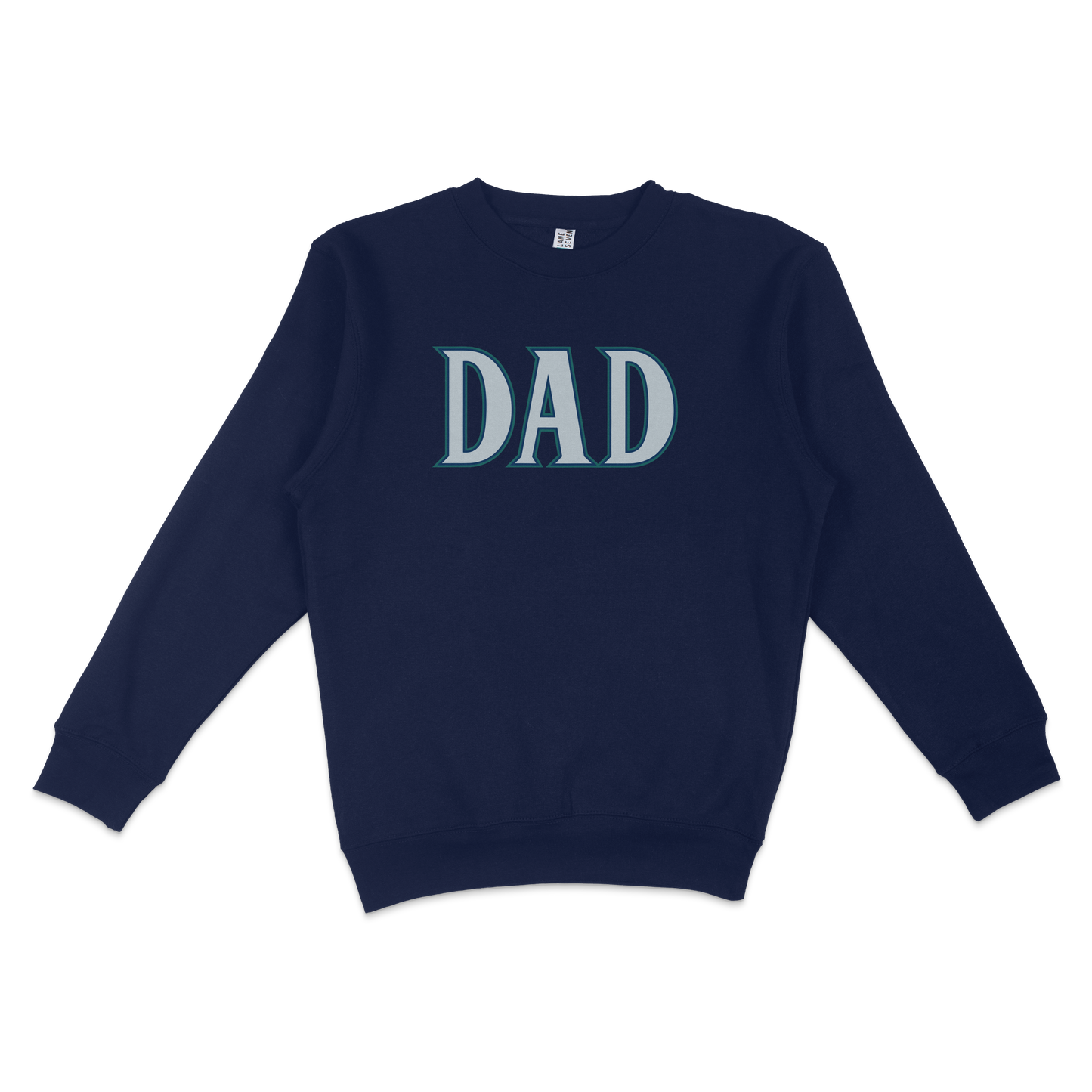 Navy crewneck sweatshirt featuring the word "DAD" prominently displayed, perfect for Seattle baseball fans.
