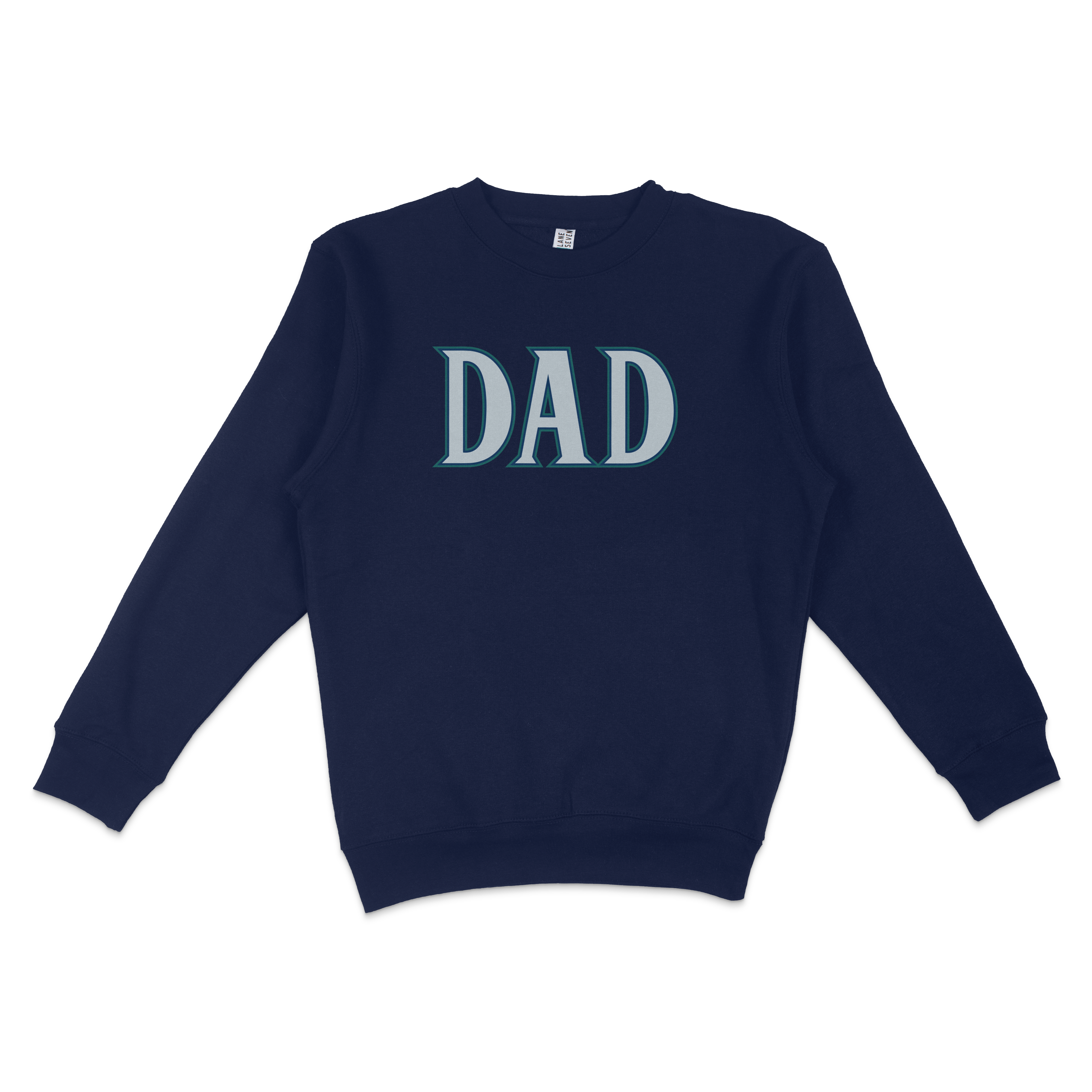 Navy crewneck sweatshirt featuring the word "DAD" prominently displayed, perfect for Seattle baseball fans.