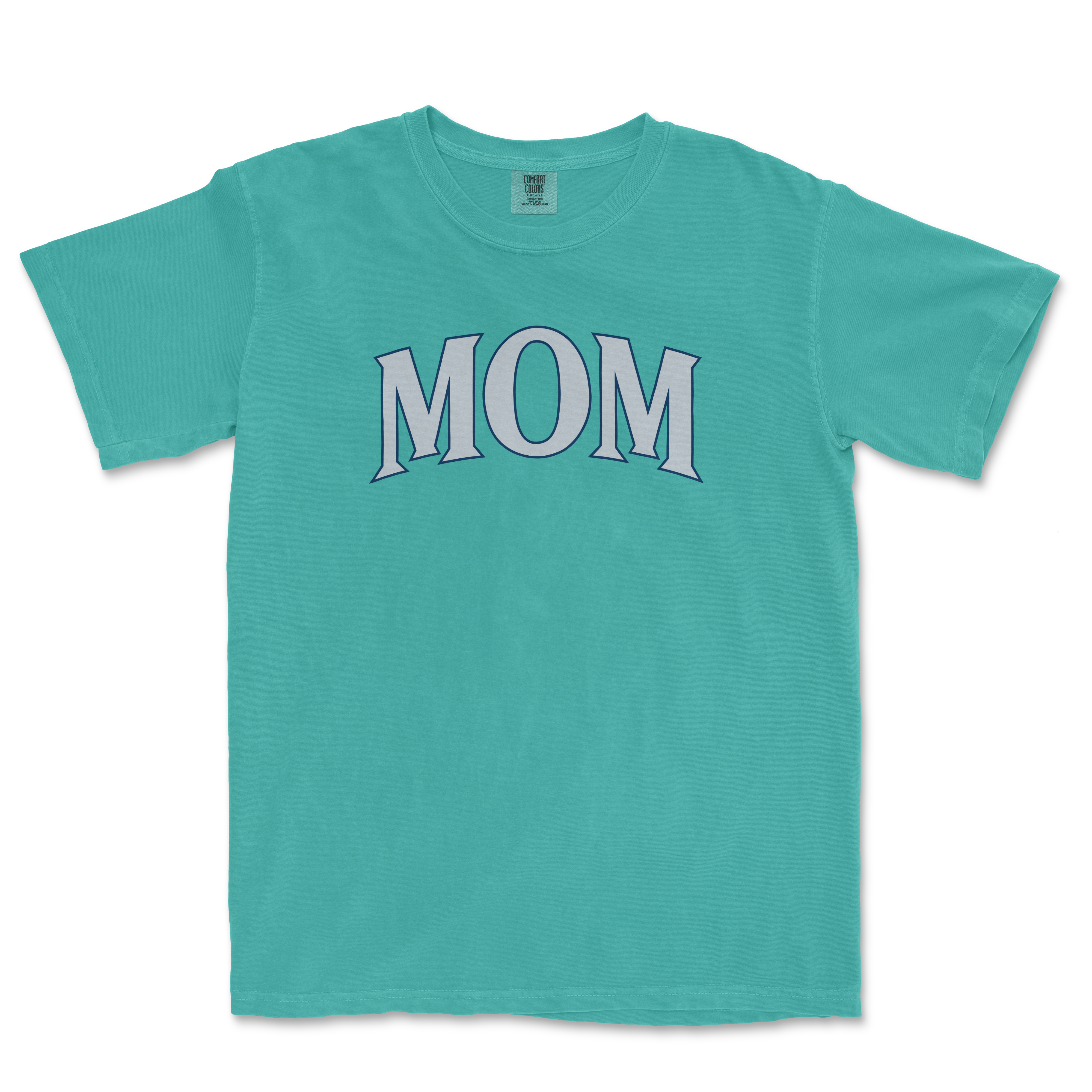 A turquoise T-shirt with the word "MOM" printed in large, stylized letters across the front.