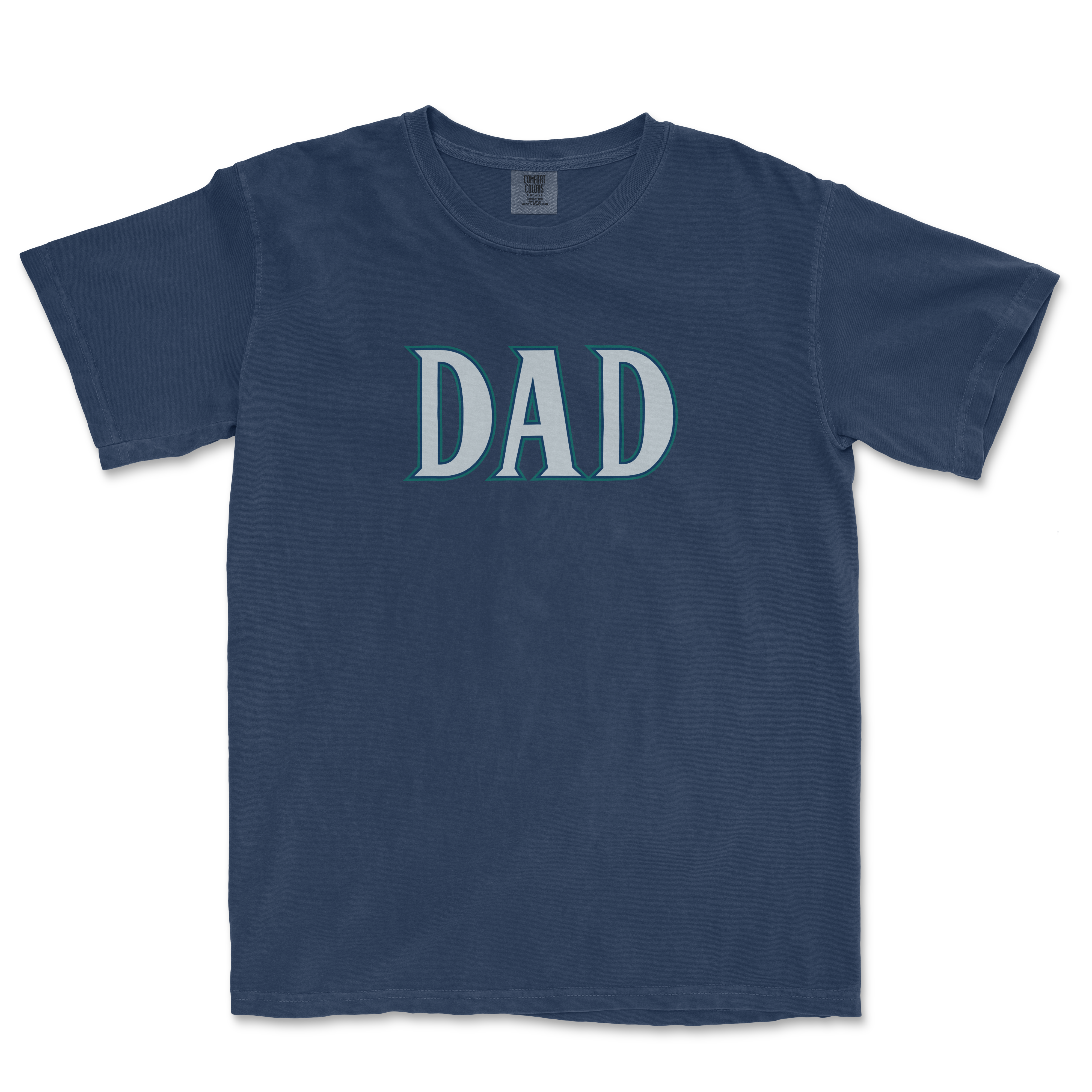 Navy blue t-shirt featuring the word "DAD" in a bold, stylized font, perfect for Seattle baseball fans.