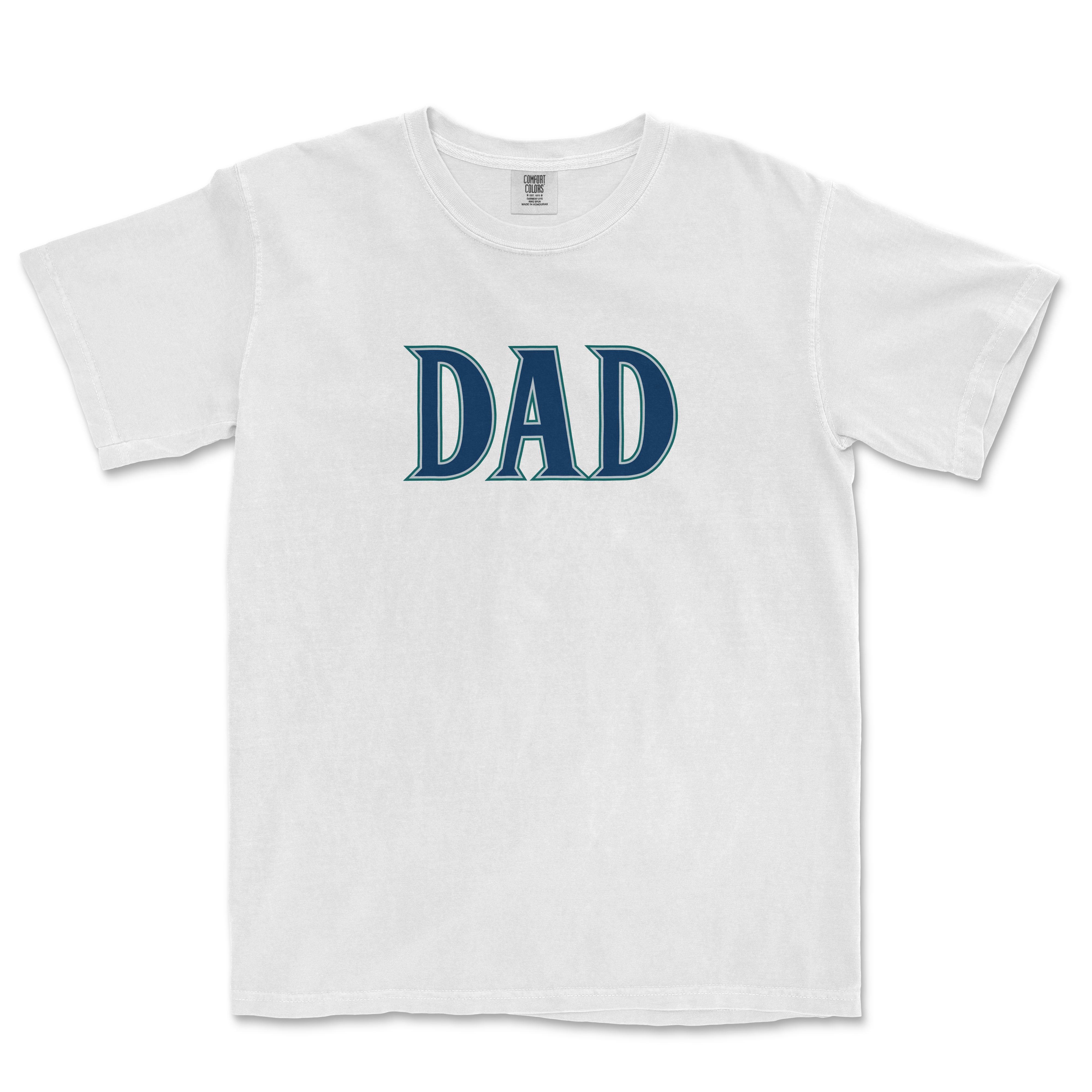 White t-shirt featuring bold blue text that reads "DAD," perfect for Seattle baseball fans.