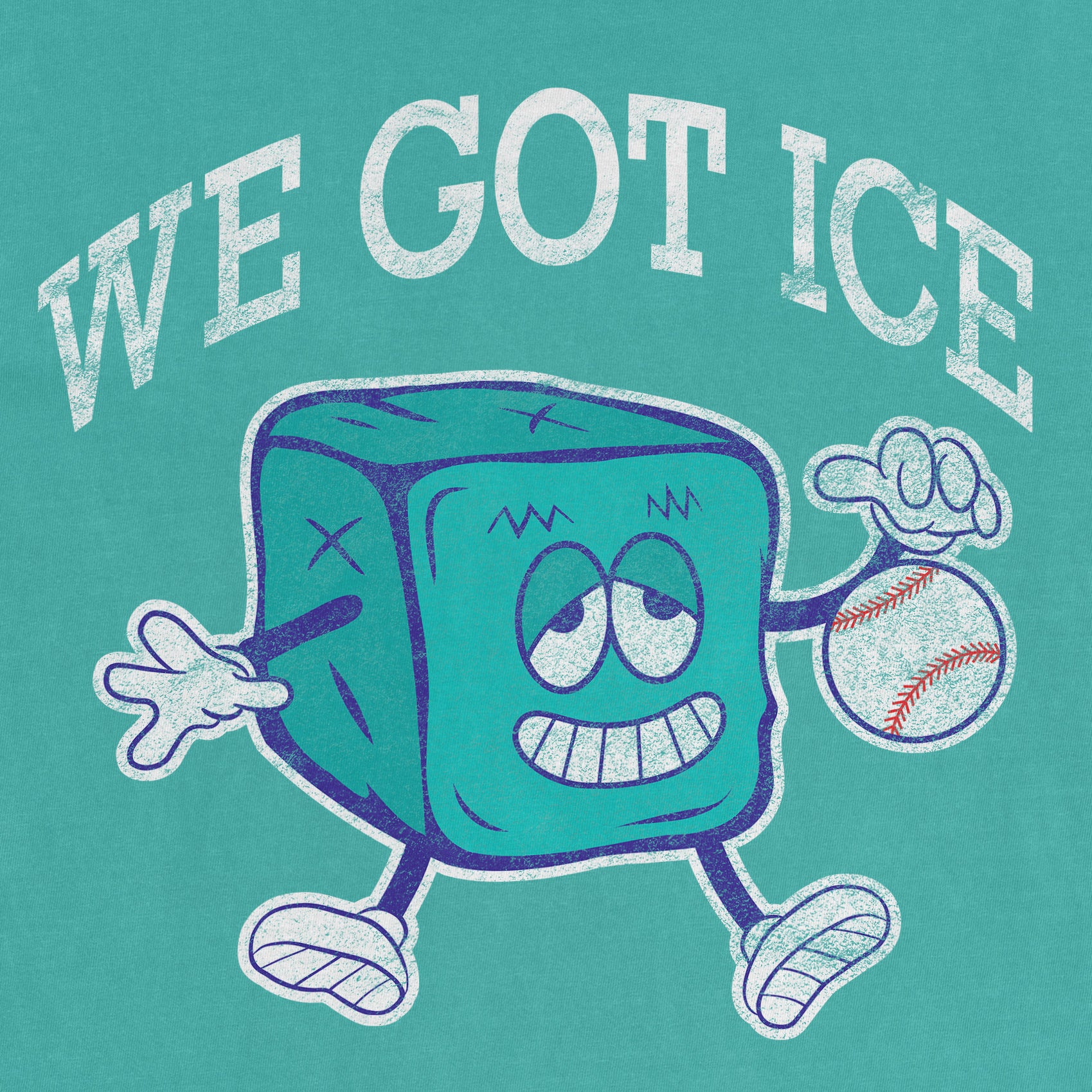 Cartoon ice cube mascot with a baseball, smiling, winking, and arms outstretched, with "We Got Ice" text above.