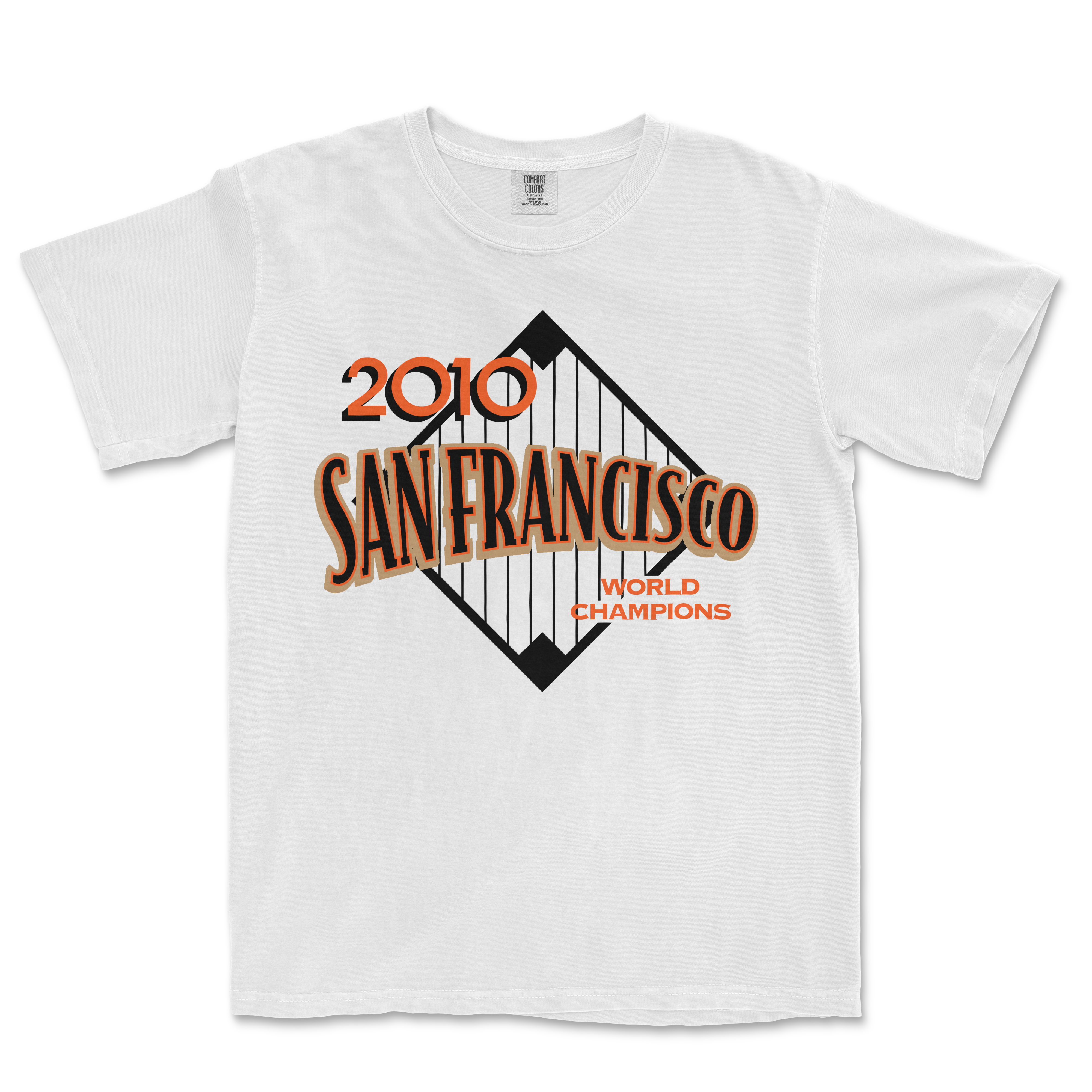 White T-shirt featuring a vintage-style graphic design celebrating the 2010 San Francisco World Champions, with a bridge illustration.